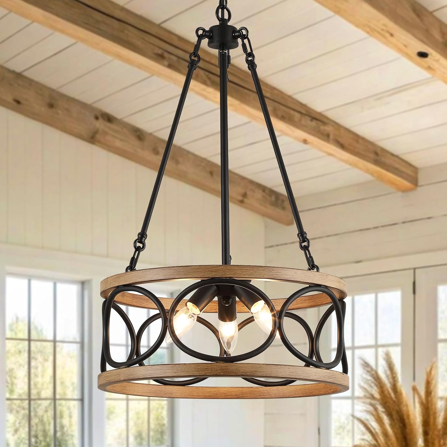 16‘’ Chandelier Farmhouse Style Black and Wood Hanging Light Fixture 3-Light Pendant Lighting with 47'' Height Adjustable Chain Dining Room, Living Room, Kitchen Island E12 Base - AJ9016P3WDBK