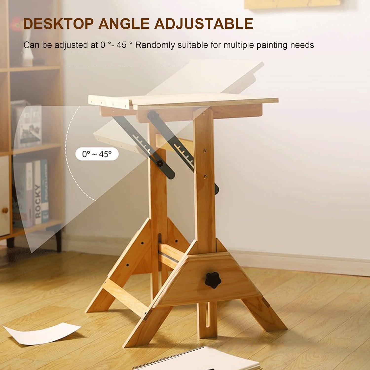 Drafting Table Art Desk for Adults - Solid Wood Drawing Table with Adjustable Angle & Height, Includes Stool - Ideal for Graphic Design, Reading, Studio & Study