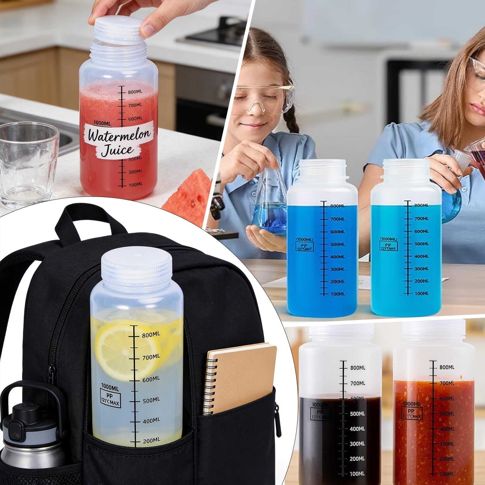4 bottiglie a collo largo, in plastica, da 1000 ml, per laboratorio, a prova di perdite, a collo largo, con etichette scalate, per bottiglie di pillole, bottiglie di campioni d'acqua