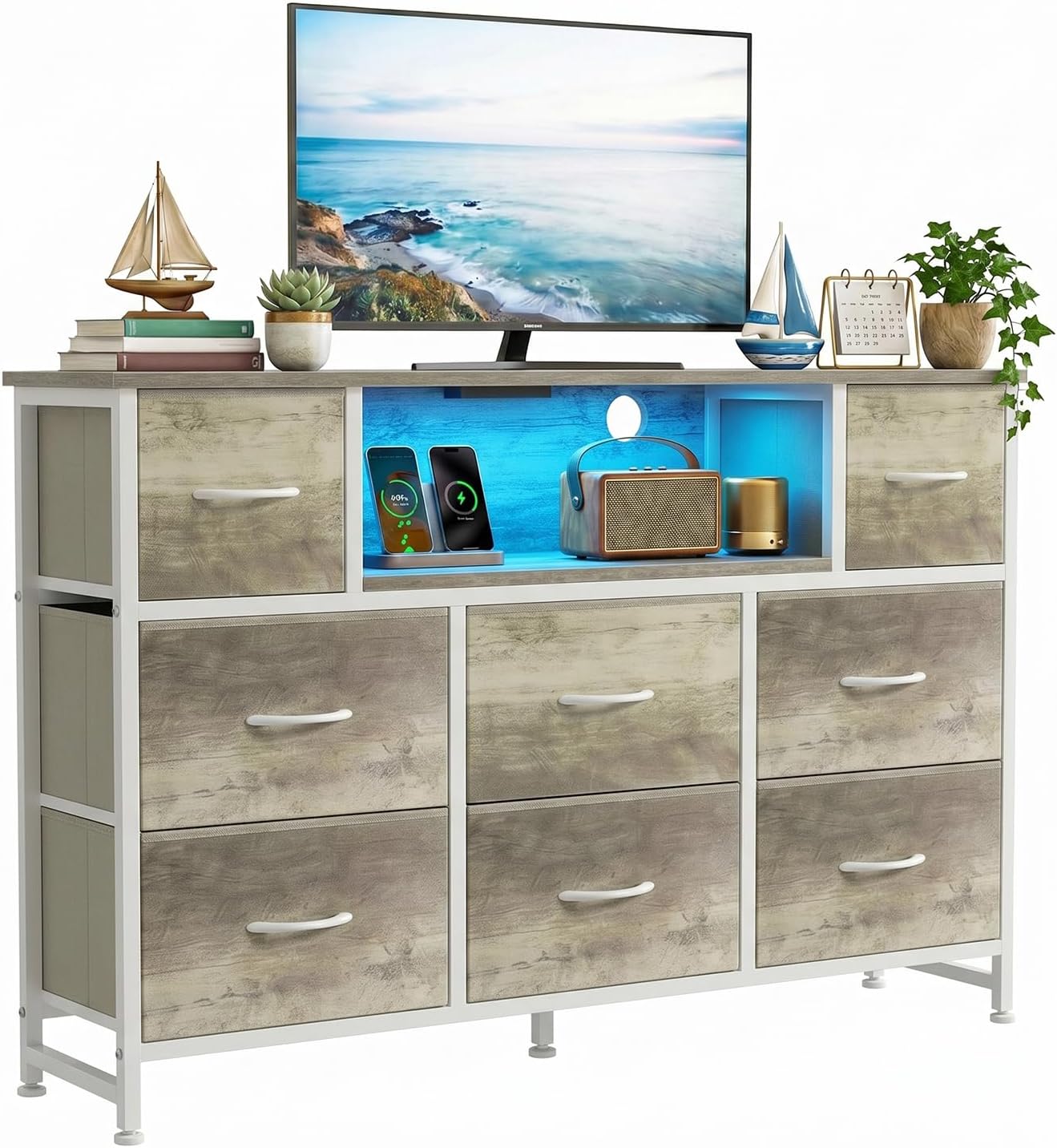TV Stand 8 Drawers Dresser LED Entertainment Center with Charging Station