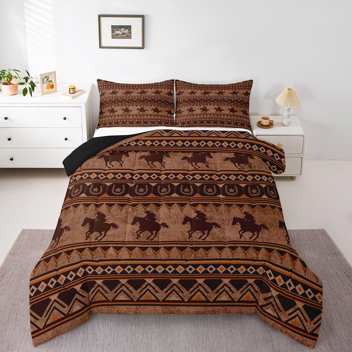 Feelyou Western Decor - Juego de edredón tamaño matrimonial con diseño de caballo, juego de ropa de cama azteca nativo del suroeste, juego de ropa de cama retro, exótico, bohemio, decoración de