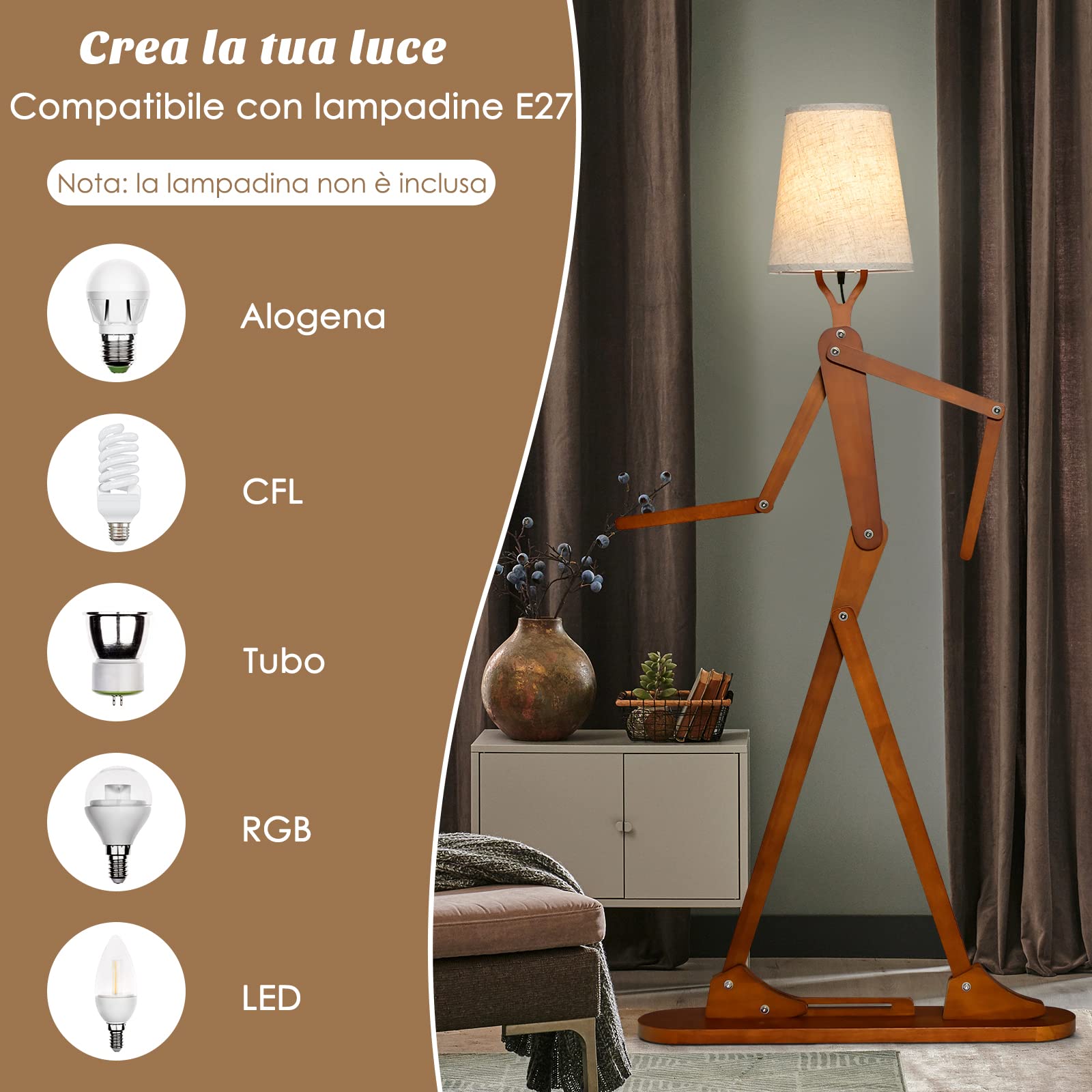 COSTWAY Lampada da Terra in Legno, Piantana Umanoide Decorativa ad Angolo con Articolazioni Regolabili, Paralume in Tessuto e Interruttore a Pedale, Lampa a Stelo da Salotto e Camera da Letto