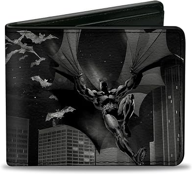Buckle-Down DC Comics Wallet, Bifold, Batman Beauty of Flight Action Pose Bats Skyline Black Grays, Vegan Leather