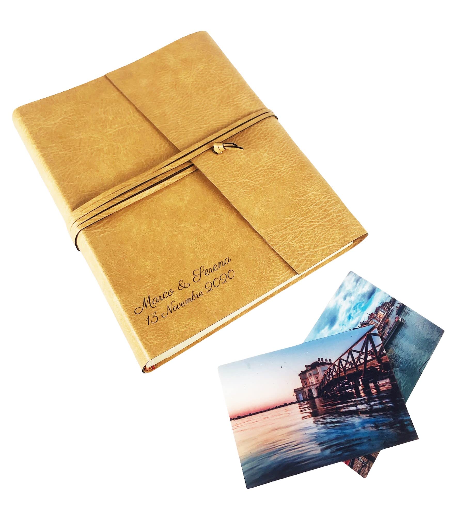 TriVin Art -Double Bott- Handgefertigtes Fotoalbum, hergestellt in Italien, aus feinem Kunstleder, personalisierbar mit Gravur. Ideal für jede Veranstaltung (Honig/Honig - mit Gravur)