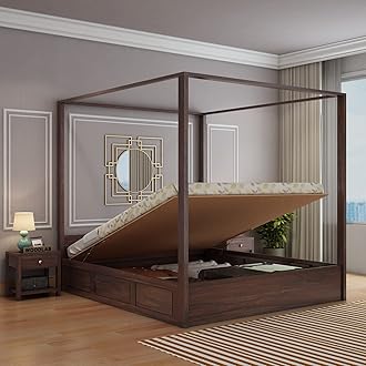 WOODLAB Sheesham Wood Queen Size Poster Bed with Hydraulic Storage Wooden Double Bed for Bedroom Living Room (Walnut Finish)
