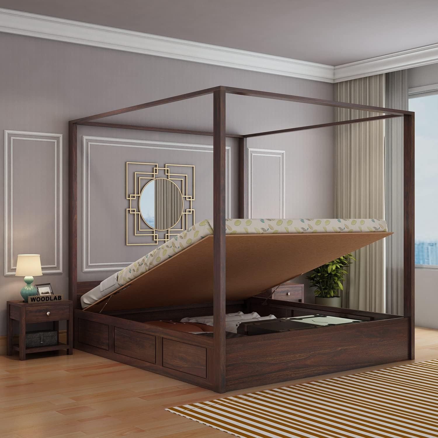 WOODLAB Sheesham Wood Queen Size Poster Bed with Hydraulic Storage Wooden Double Bed for Bedroom Living Room (Walnut Finish)