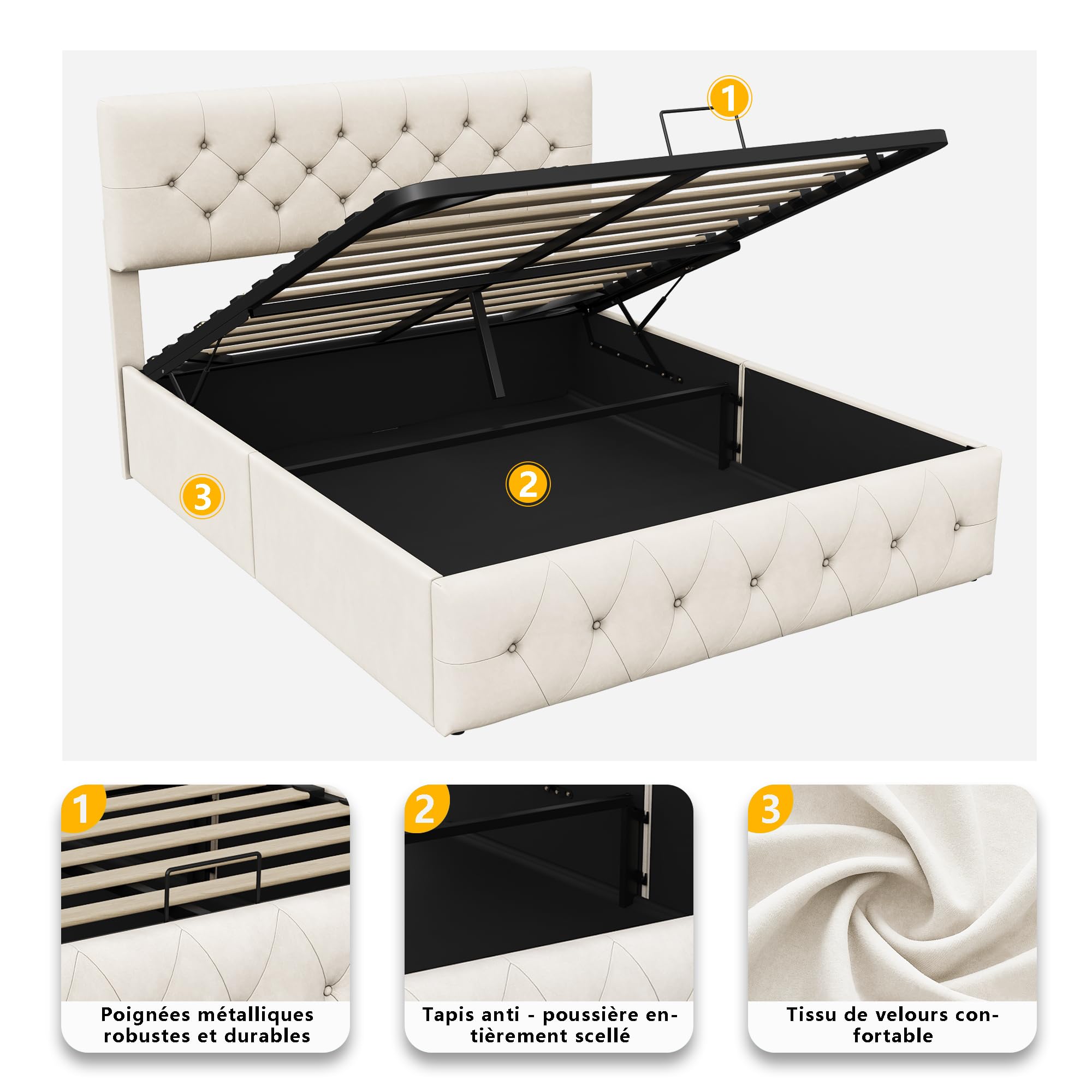 BRILVERDE Lit Double Rembourré, 140 X 200 Cm, Espace De Rangement Hydraulique, Avec Espace De Rangement, Tête De Lit Et Sommier à Lattes, Lit Fonctionnel, En Velours, Gris (gris, 140 X 200