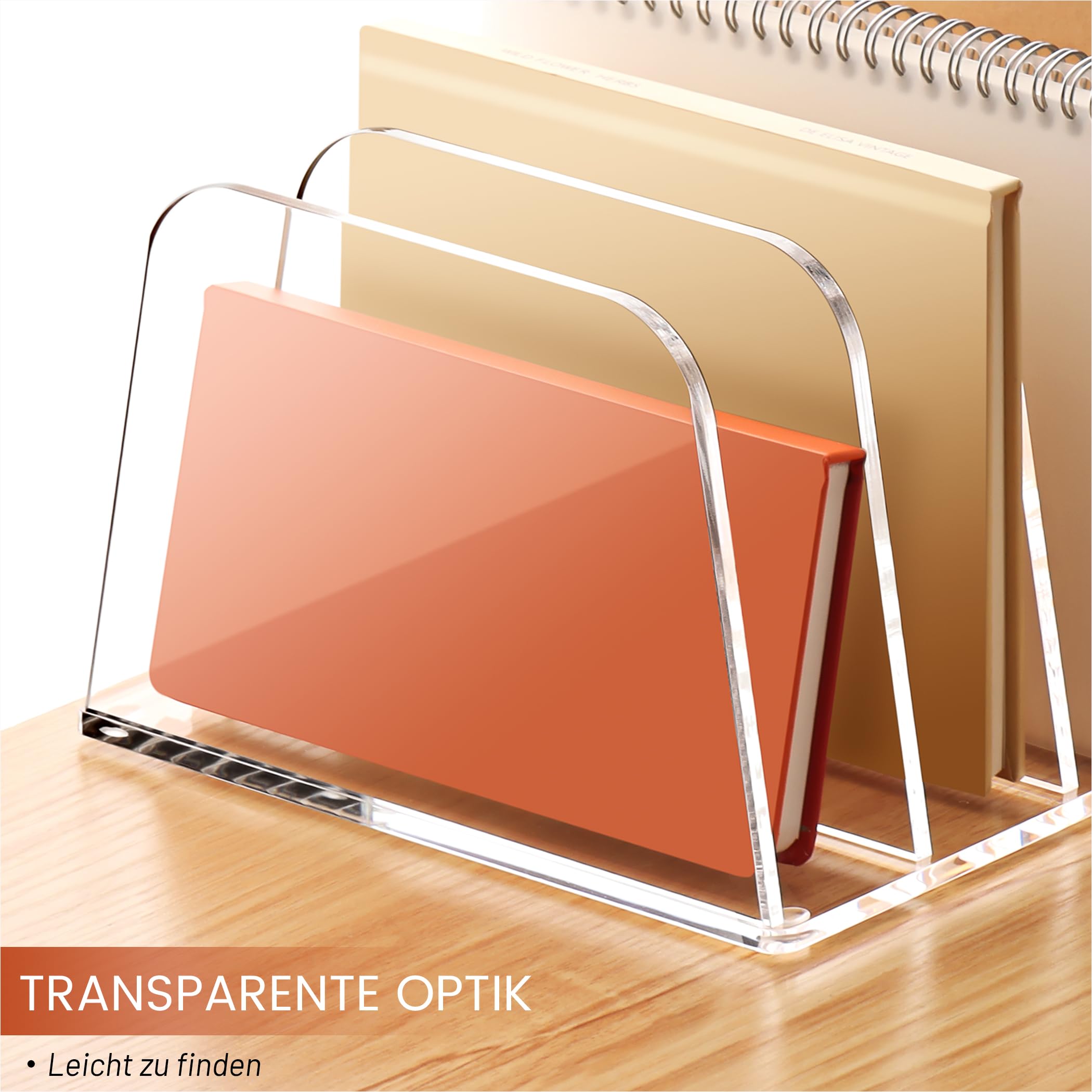 SANRUI Premium Acryl Briefständer & Schreibtisch Organizer (4 Fächer) – Vertikale Ablage für Post, Notizbücher (B5/A5) & Tablets, Transparenter Sortierer mit Silikonfüßen für Home-Office & Kosmetik