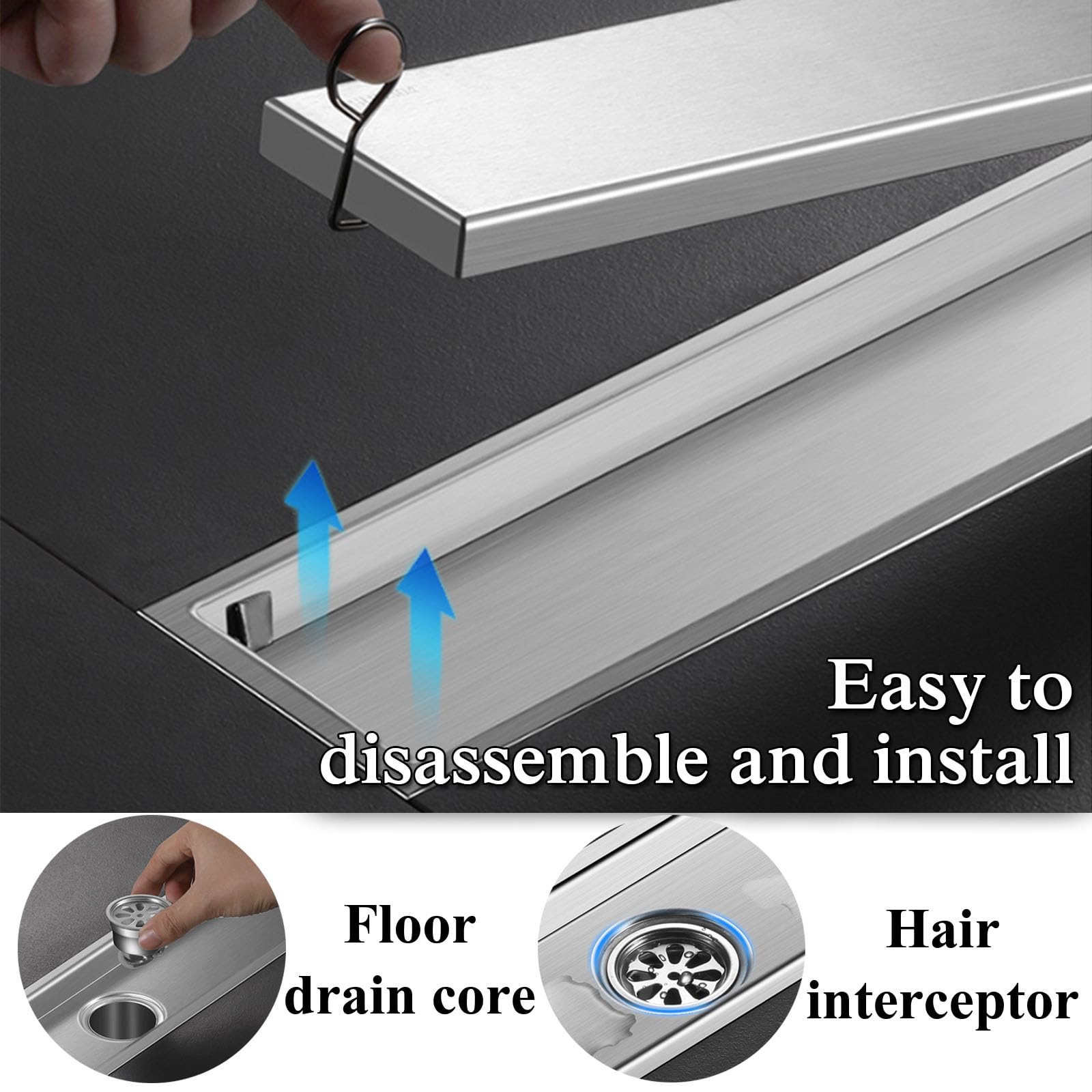 Inless - Desagüe de ducha de acero de 20 a 120 cm con tope de olor y colador de pelo, diseño plateado extra plano, 10 x 50 cm para un drenaje rápido de agua y fácil de limpiar