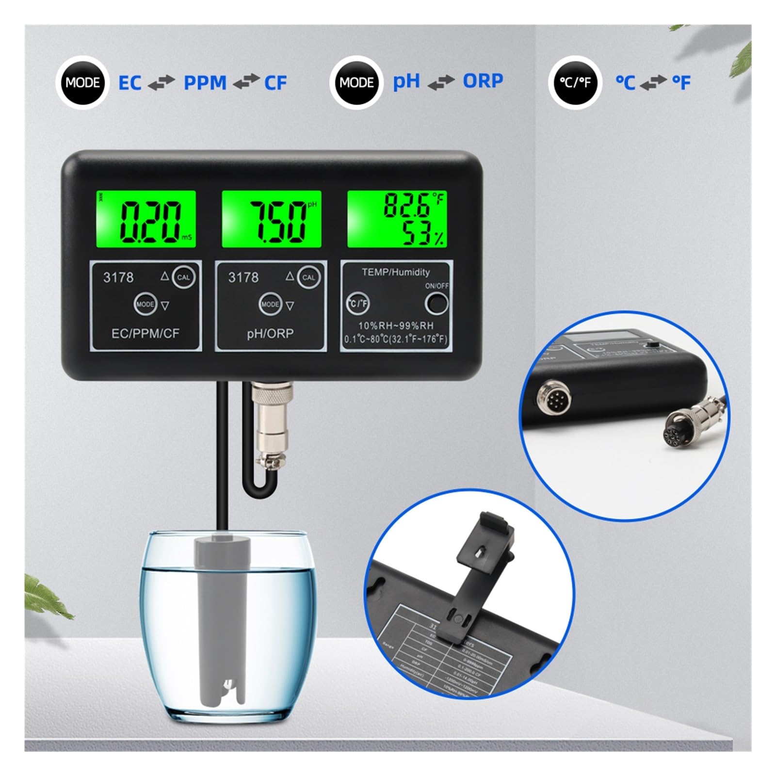 Medidor de PH Digital multifunción 7 en 1, temperatura humedad ORP TDS EC CF, probador pureza calidad del agua, Monitor for piscina acuario, Probador preciso(Plug-01)