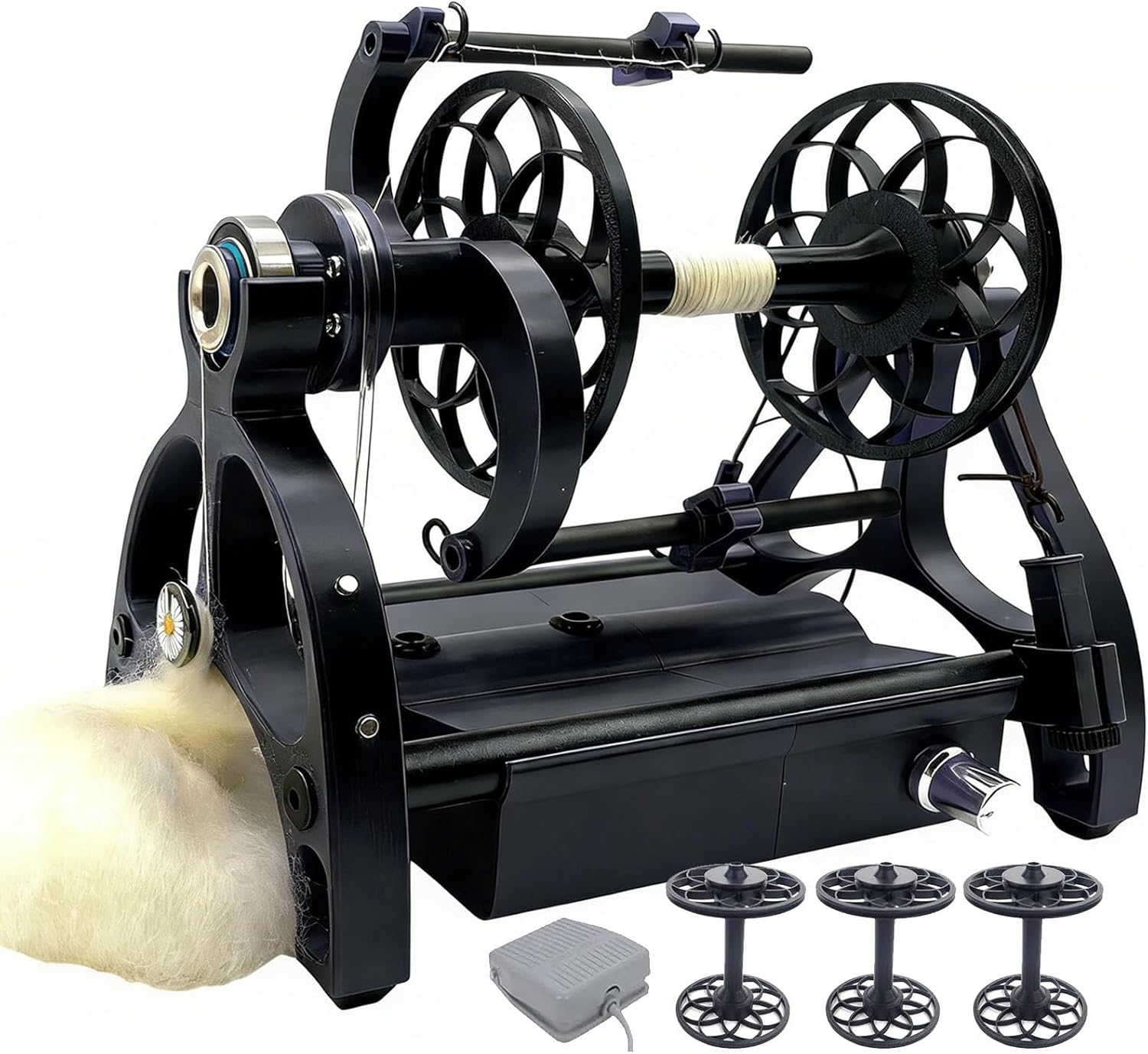 Smart Yarn Spinner Machine, Electric Spinning Wheel, 120g Capacity Spinner Wheel with Foot Switch & 3 Spools, Forward/Reverse, 12v Drum Carder, Adjustable Speed Black