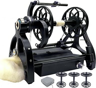 Smart Yarn Spinner Machine, Electric Spinning Wheel, 120g Capacity Spinner Wheel with Foot Switch & 3 Spools, Forward/Reverse, 12v Drum Carder, Adjustable Speed Black