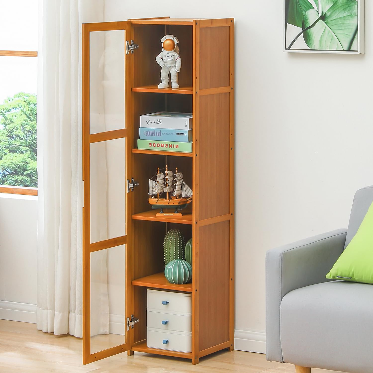 Magshion Bamboo 5-Tier Display Narrow Bookcase with Clear Door 11.9" L ...