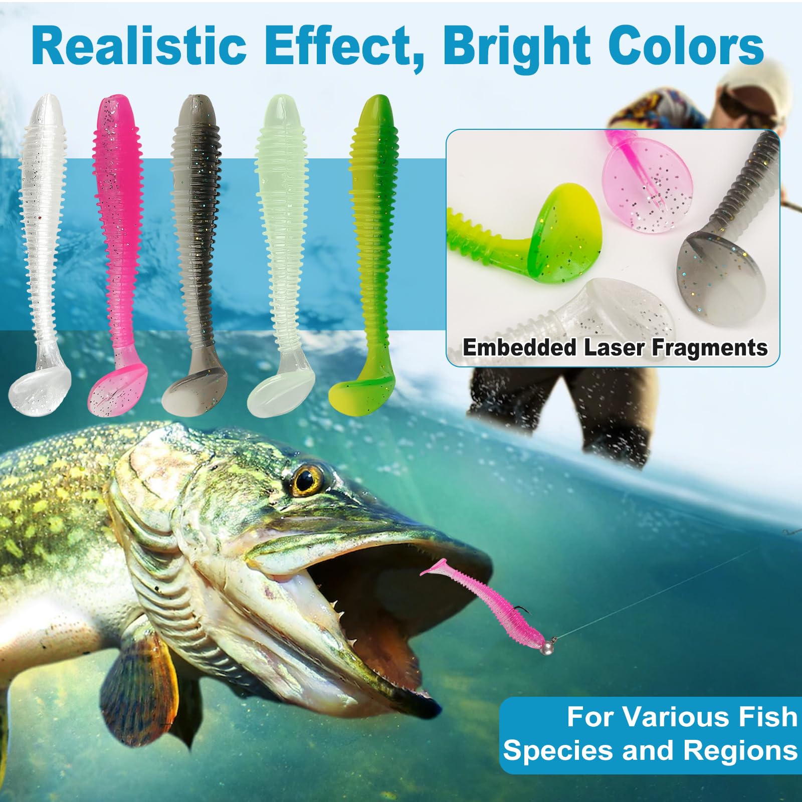 45 señuelos de pesca blandos y 10 cabezas triangulares para la pesca con spinning, 5,5 cm+6,5 cm+7,5 cm, cebo de pesca, cebo flotante, goma con cabeza y caja de plástico, 5 colores