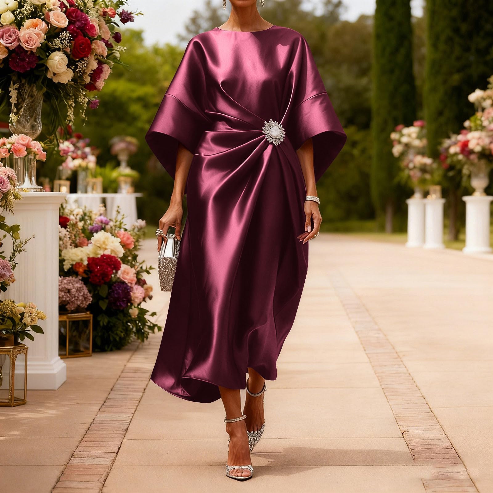 Abito midi da donna in raso a mezza manica moderno alla moda con maniche a pipistrello increspato con spilla di cristallo staccabile elegante abito casual in seta per matrimoni, cocktail, feste