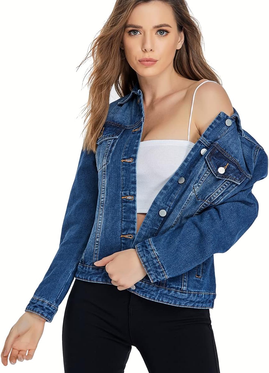 PEIQI Classic Jean Jacket for Women Basic Long Sleeve Button Down Denim Jackets - Image 3