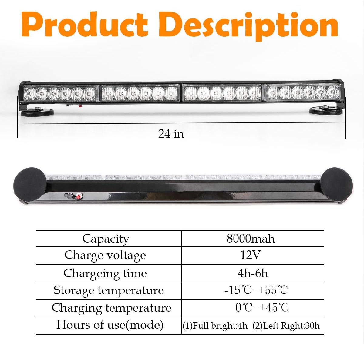 LE-JX 24” Amber/White Wireless Traffic Advisor Emergency Lights Bar Battery Led Strobe Warning Light Roof Top Hazard Flash with Magnetic Base Mount and 12V Rechargeable Plug (24 LEDs)