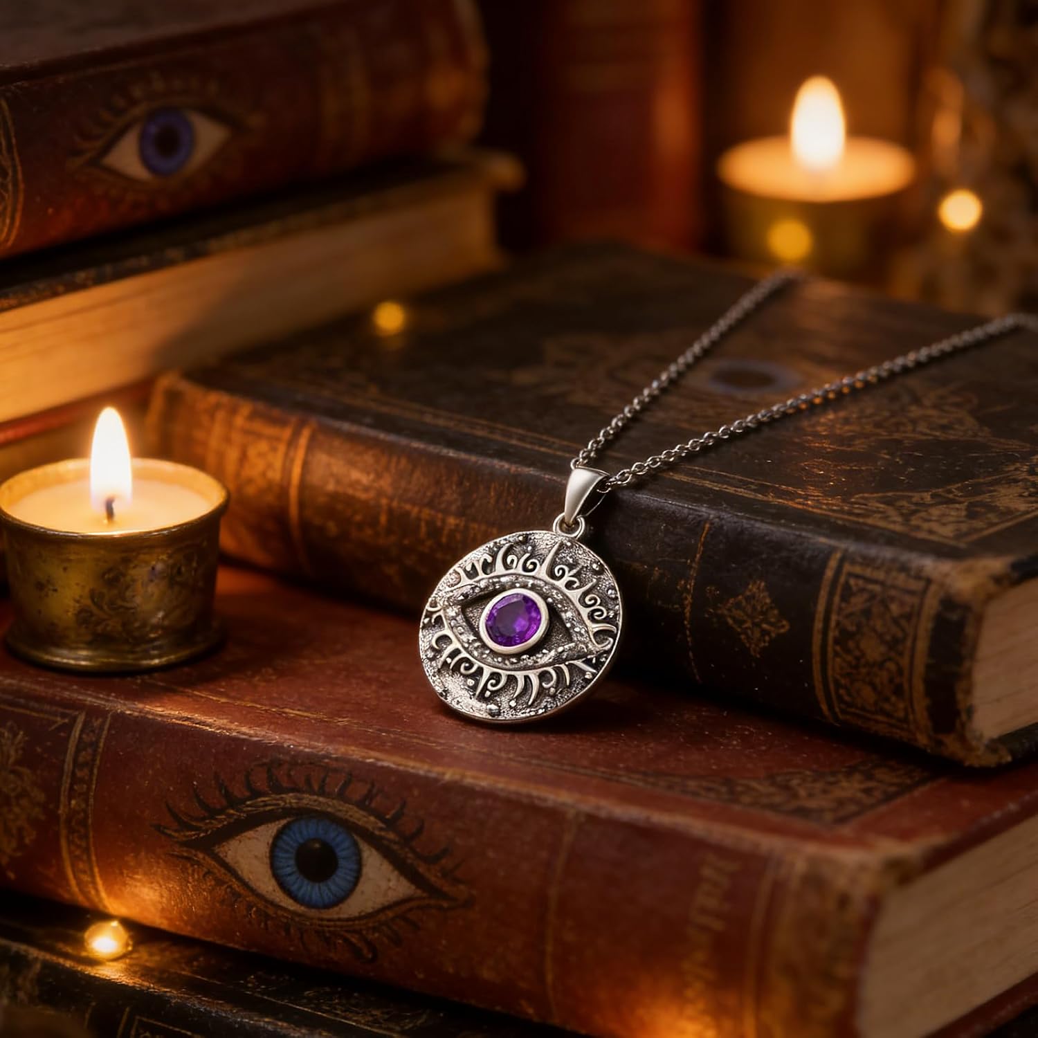 Natural Amethyst Devil's Eye Necklace Genuine February Birthstone Evil Eye Pendant Vintage Uniex Jewelry Gift Women Men - Image 2