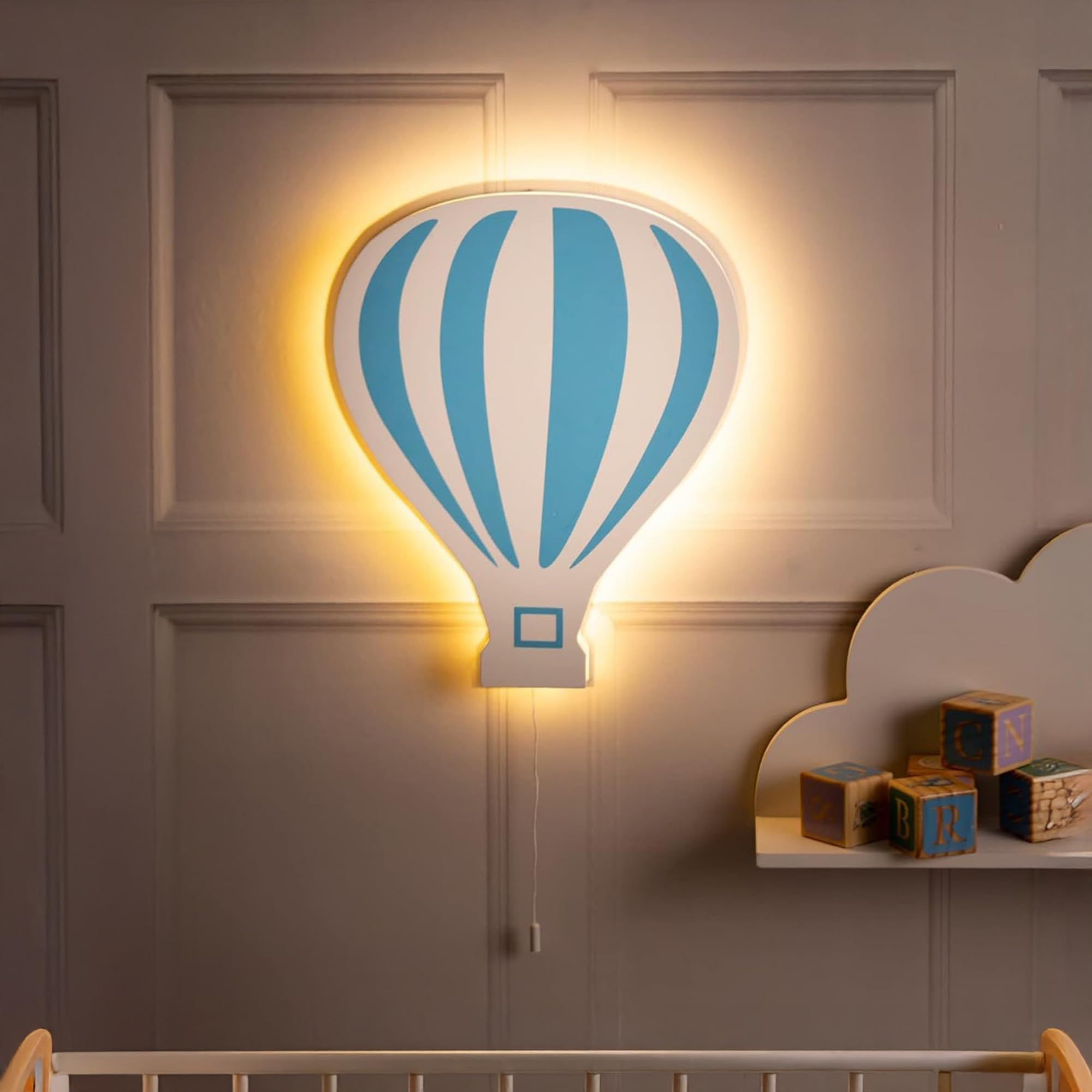 Marco Paul Blue Hot Air Balloon Wooden White LED Night Light ‎Battery Powered Night Light Kids Room Decor Wall Lights Wall Mounted Nursery Bedside Lamp Baby Gifts Bedroom Decor Lighting