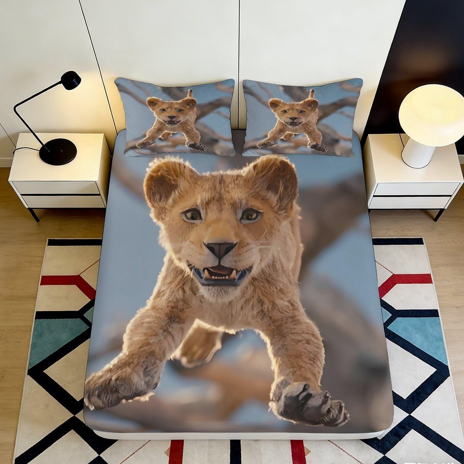 3D Printed Lion Cub Fitted Sheet Microfiber Soft Breathable Jumping Cub Bed Cover for Bedroom Dormitory Guest Room Mattress Protection Decor 140x200x25cm