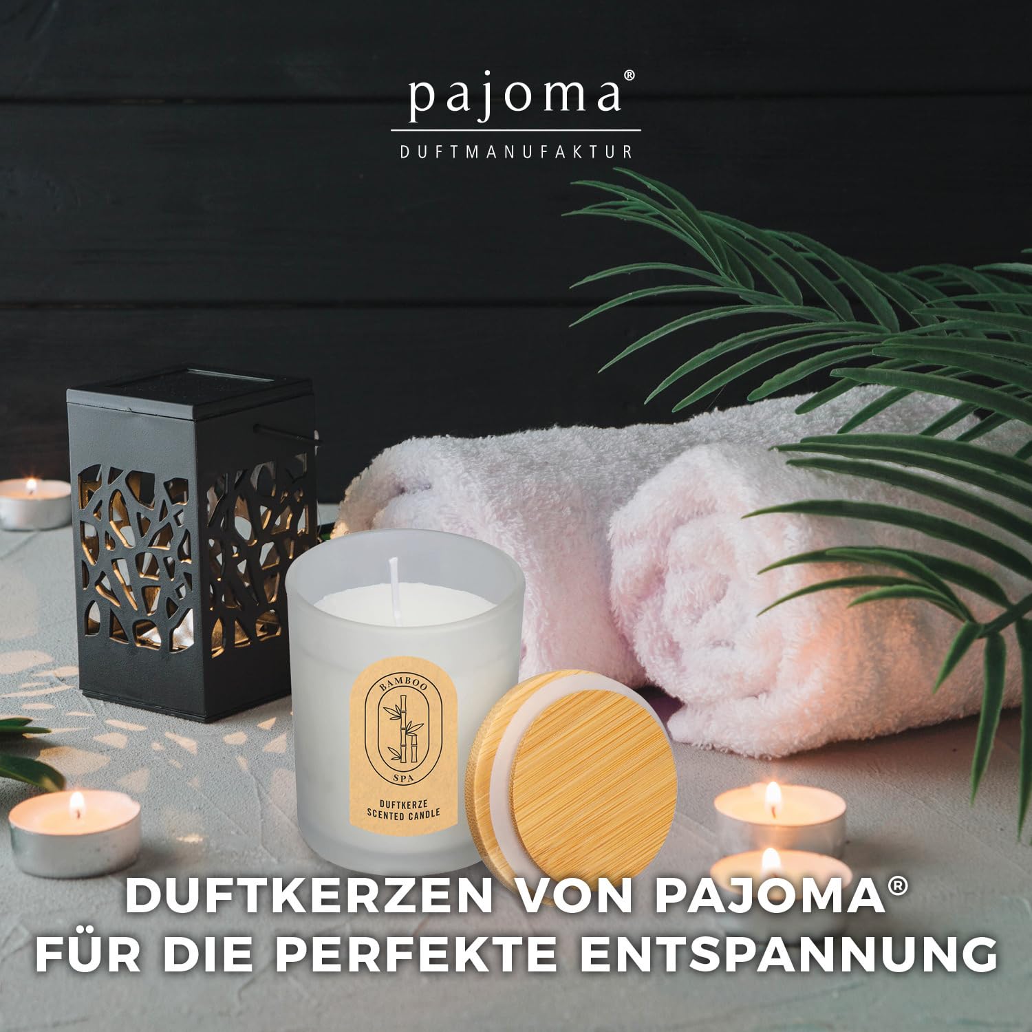 pajoma® 6x Duftkerze Bambus 120g Wachs Bamboo im satinierten Glas (H: 8 cm) mit Bambusdeckel | ca. 25h Brenndauer - natürlicher Spa-Duft | stilvolles Design & perfekt für Zuhause oder als Geschenk