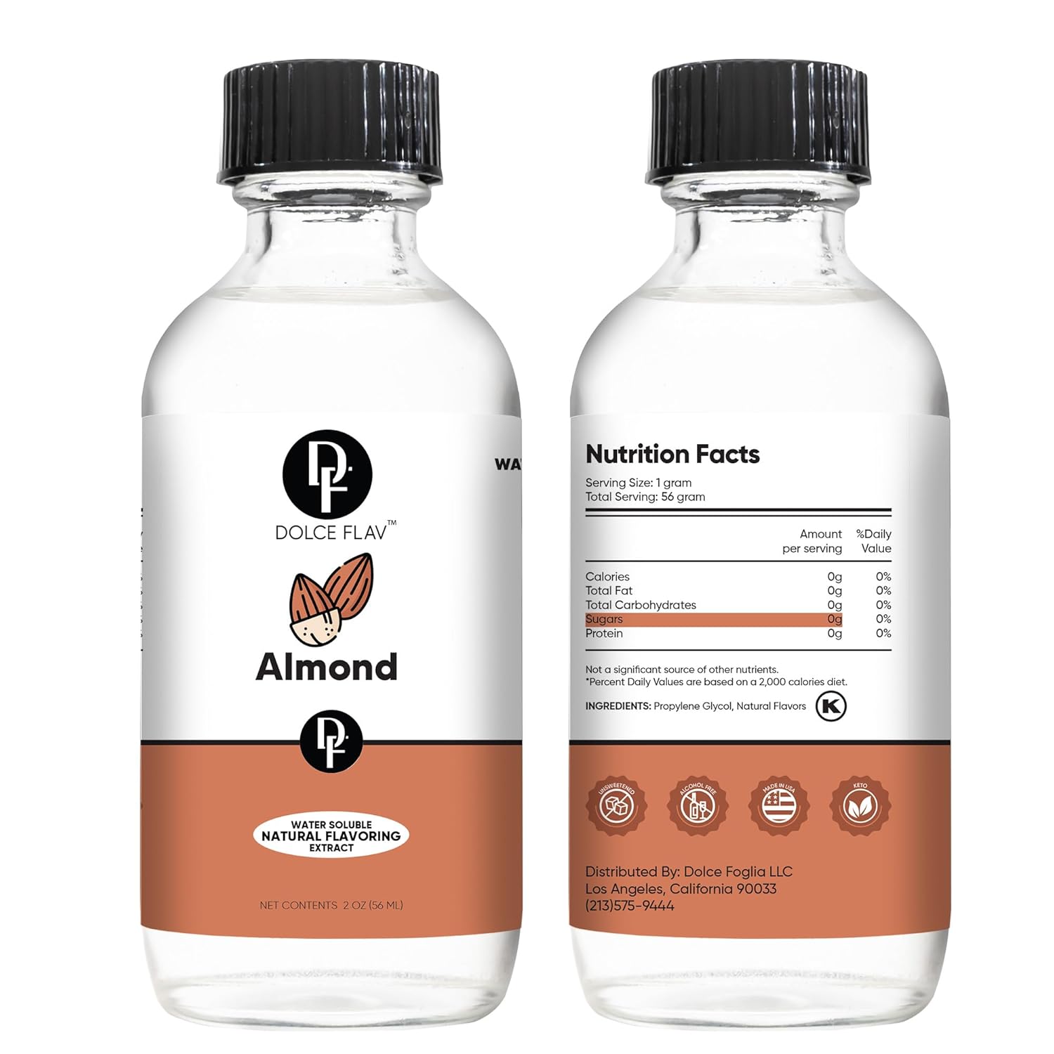 Dolce Flav Natural Almond Extract – 2 Ounce Water-Soluble Kosher, Sugar-Free, Concentrated Pure Almond Flavoring for Baking, Pastries & Beverages, Includes Measured Dropper, Pack of 2