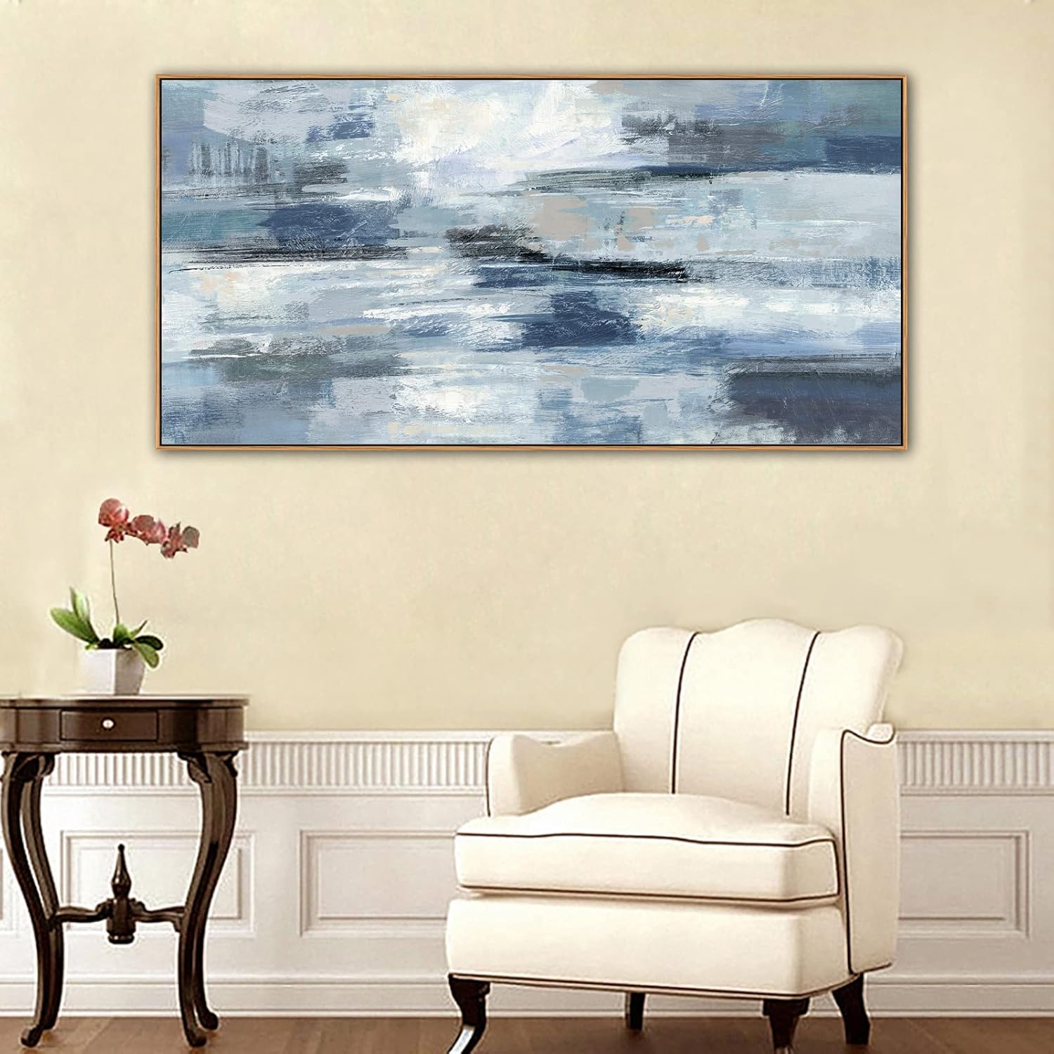 Indigo Framed Wall Art Abstract Ocean Canvas Pictures Blue White Grey Painting Vintage Wall Decor Modern Artwork Prints for Living Room Bedroom Bathroom Office Home Decoration 20"x 40"