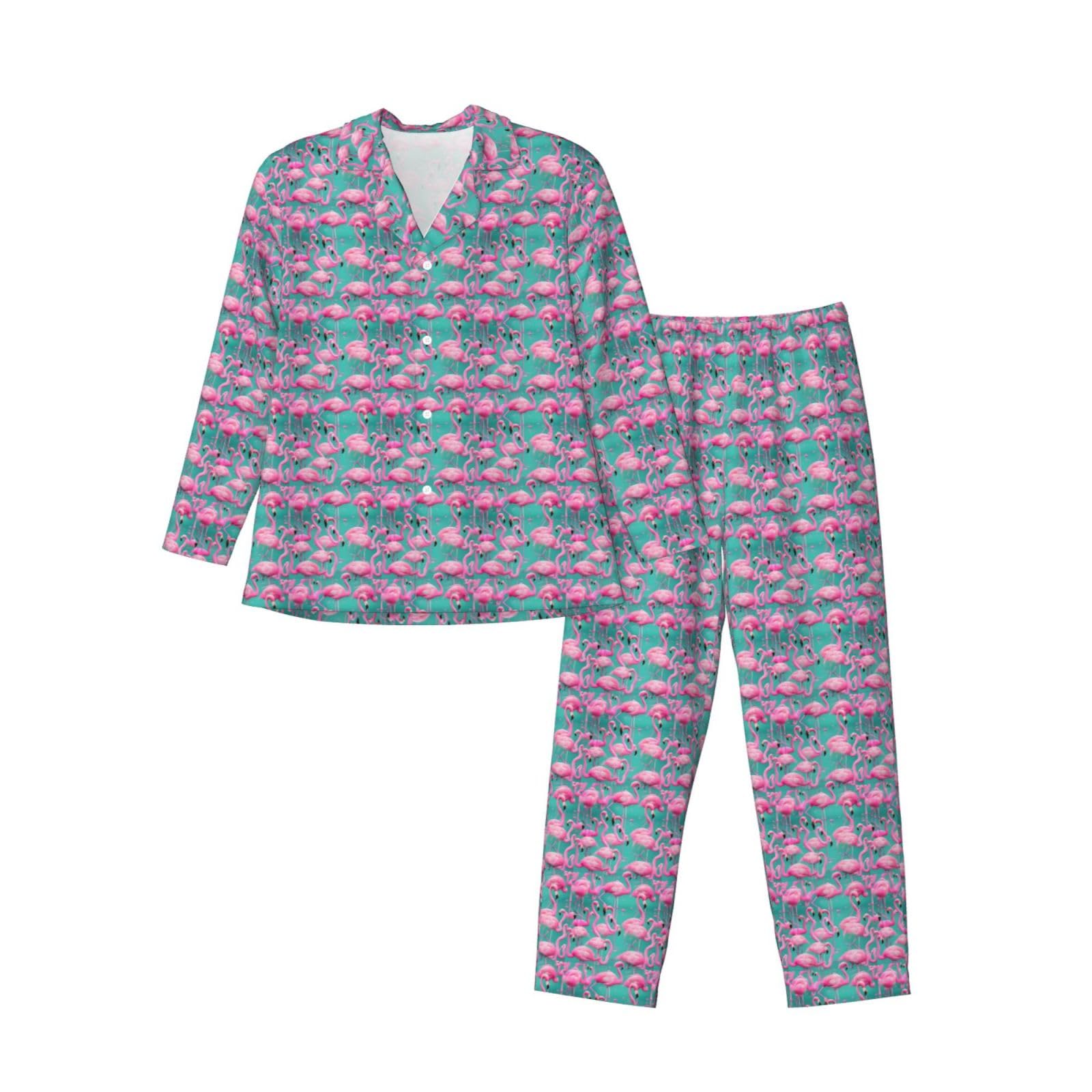 Bonito conjunto de pijama de manga larga para hombre con estampado de flamencos rosados, ropa de dormir de dos piezas, transpirable, cómoda