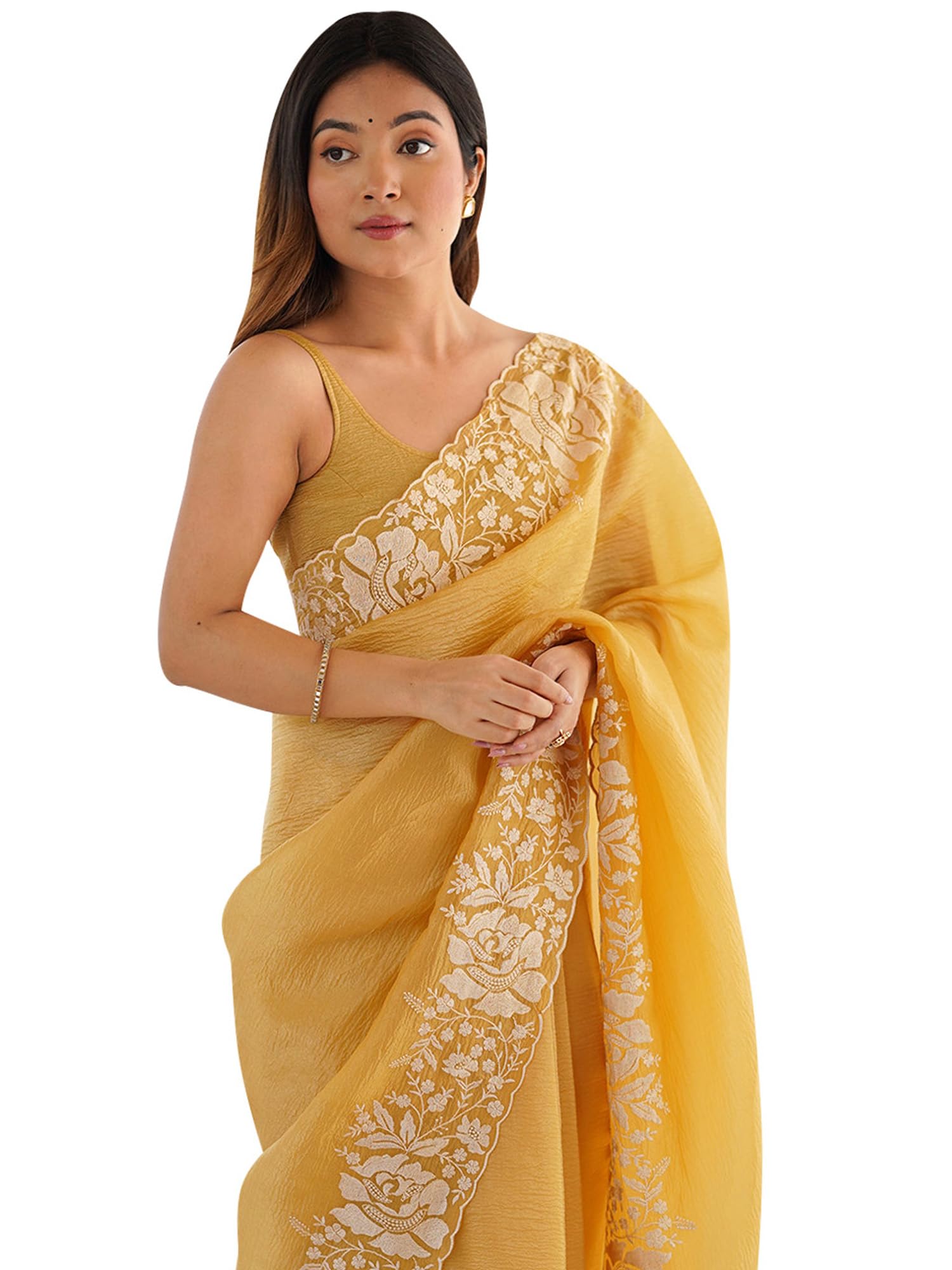 Women's Shimmer Mustard Tissue Embroidered Cut work Border Saree With Unstitched Blouse Piece(AARYAN16705_KR_SM)-image-45