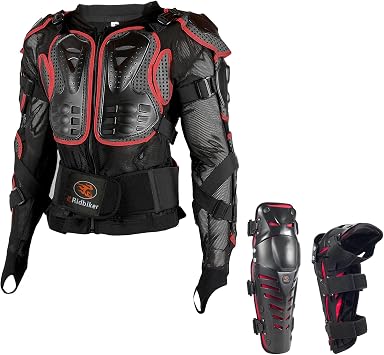 RIDBIKER Motorcycle Protective Jacket, 3 Sections Adjustable Knee Pads 1 Pair, Spine Chest Protector with Back Protection, Dirt Bike Body Armor for Men Red Jacket L+Knee Pad