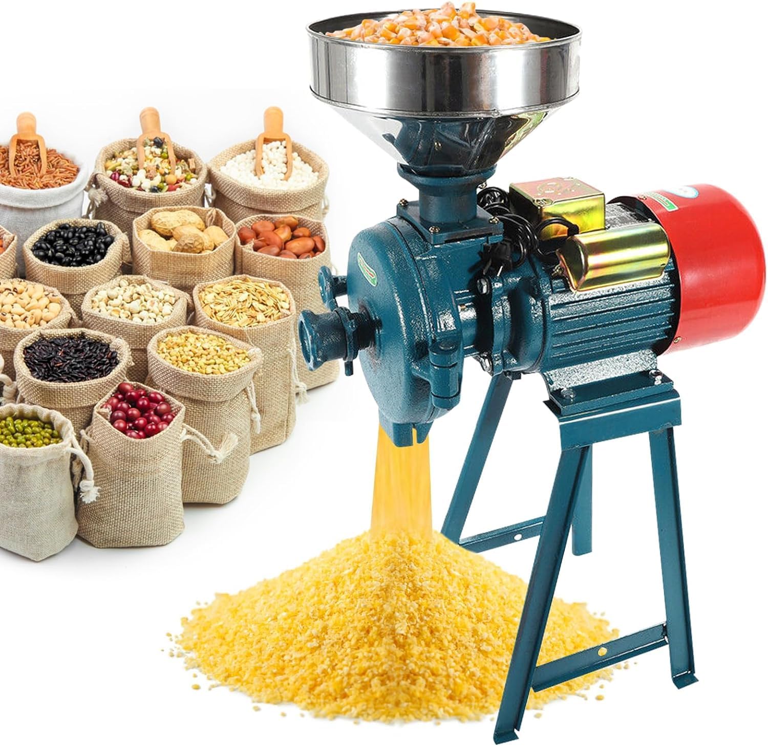 Commercial Electric Stainless Steel Grain Mill - Industrial Soybean Grinder, Dry Flour Crusher, Corn & Rice Grinding Machine with Funnel for Home & Professional Use
