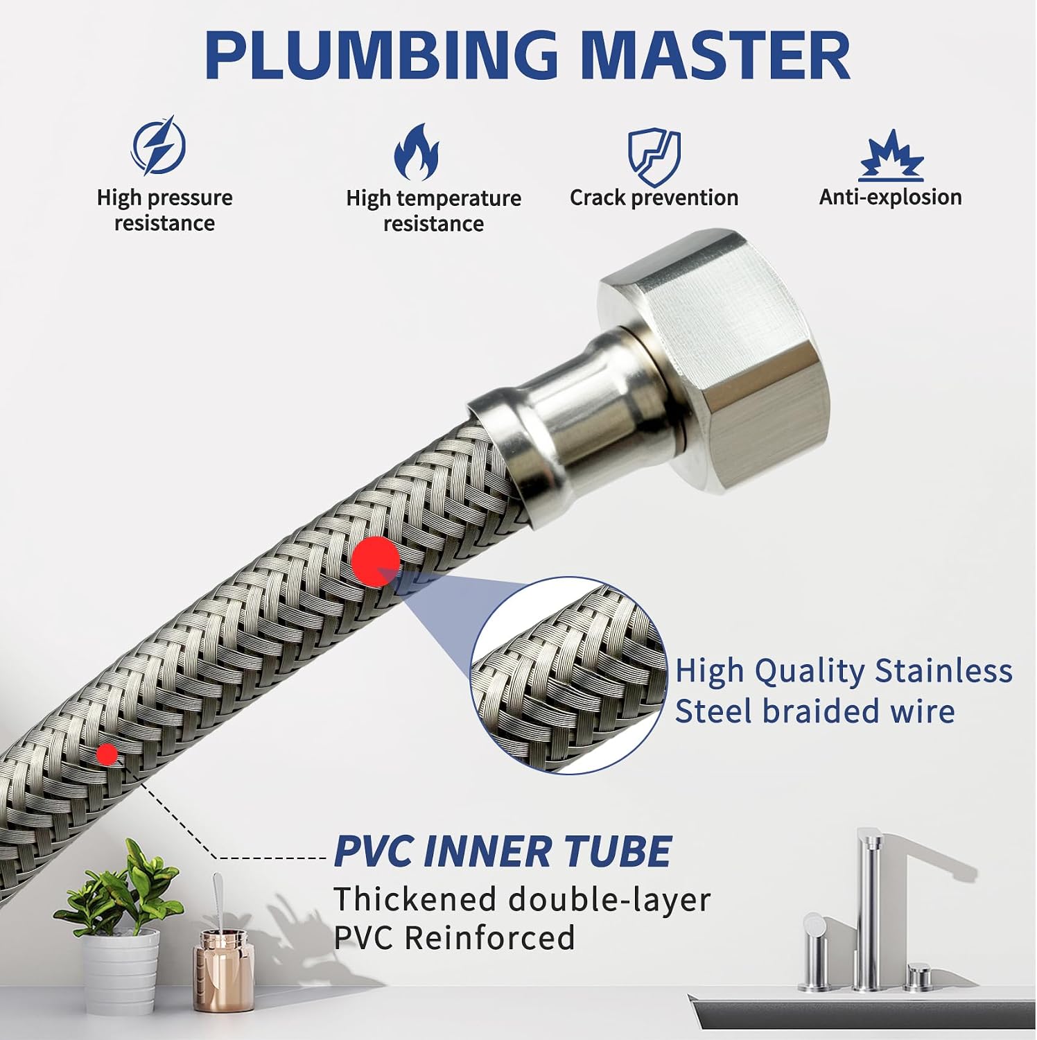 6PK 16 Inch Stainless Steel Braided Toilet Supply Line, 3/8" Comp x 7/8" BC Connector Hose, for Toilet hose for Bathroom Water Supply with Stainless Steel Braided Supply Line & Faucet Hose Wrench