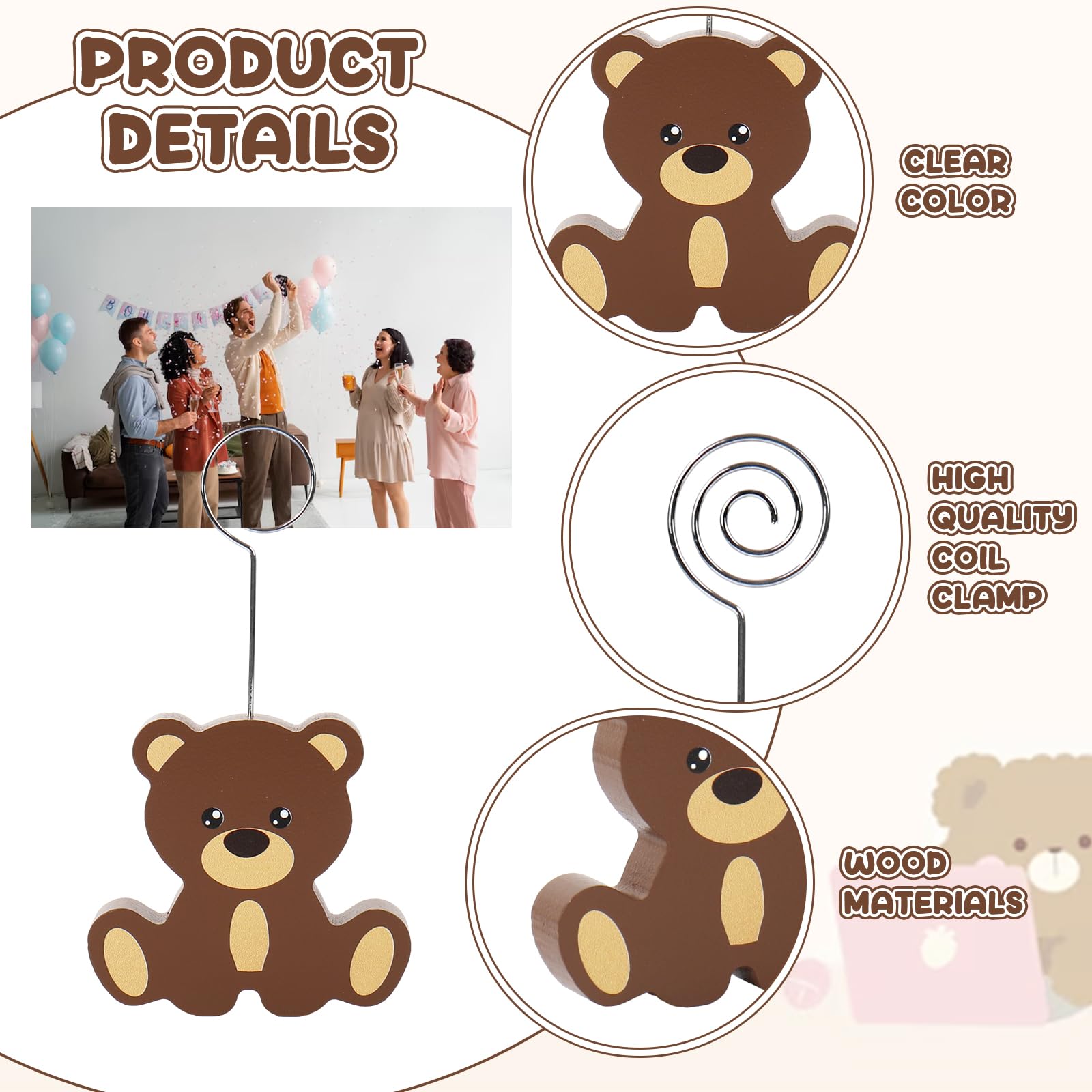 JarThenaAMCS 10 soportes de madera para tarjetas de lugar de oso, bonito soporte para números de mesa, soporte de exhibición de tarjetas de nombre para cumpleaños, baby shower, fiesta, suministros de