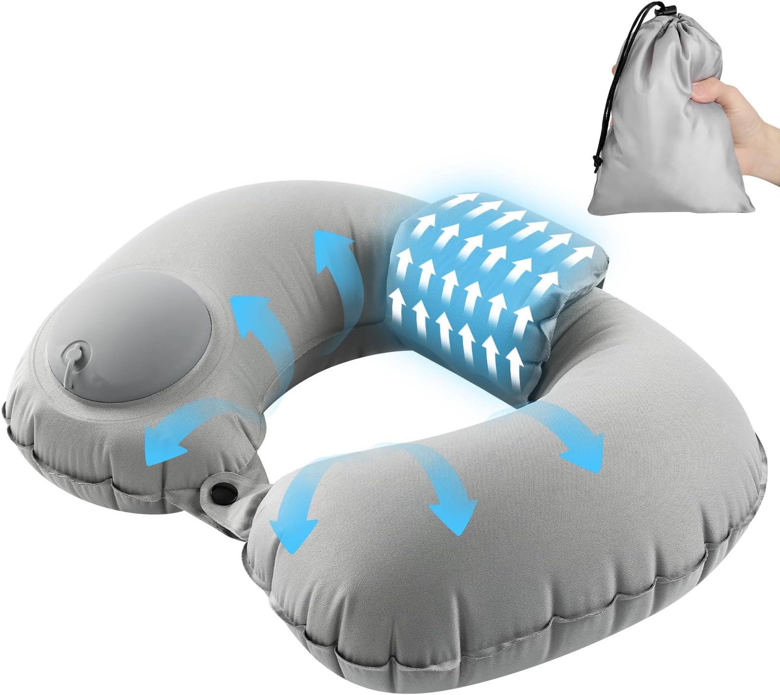Inflatable Travel Neck Pillow, Pump Type, U-Shaped Pillow, Double Valve, Portable Pillow, Headrest,Air Pillow, Manually Pressed Inflatable, Nekpiro, Airplane, Travel Pillow, Storage Pouch Included