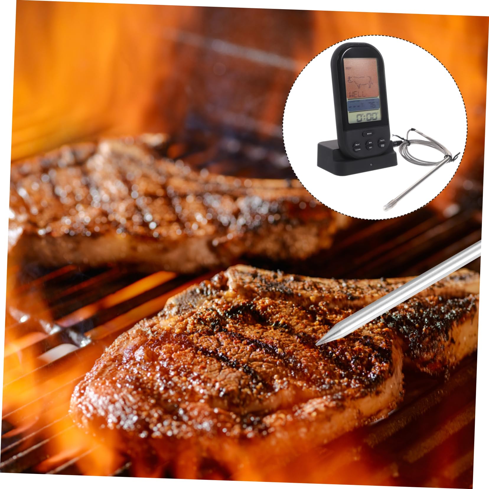 ULTECHNOVO Kabelloses Digitales Grillthermometer mit Großem LCD Display Fernüberwachung Sofortmessung C Voreingestellte Garstufen Timer Alarm für Ofen Bbq Fleisch und Outdoor Einsatz