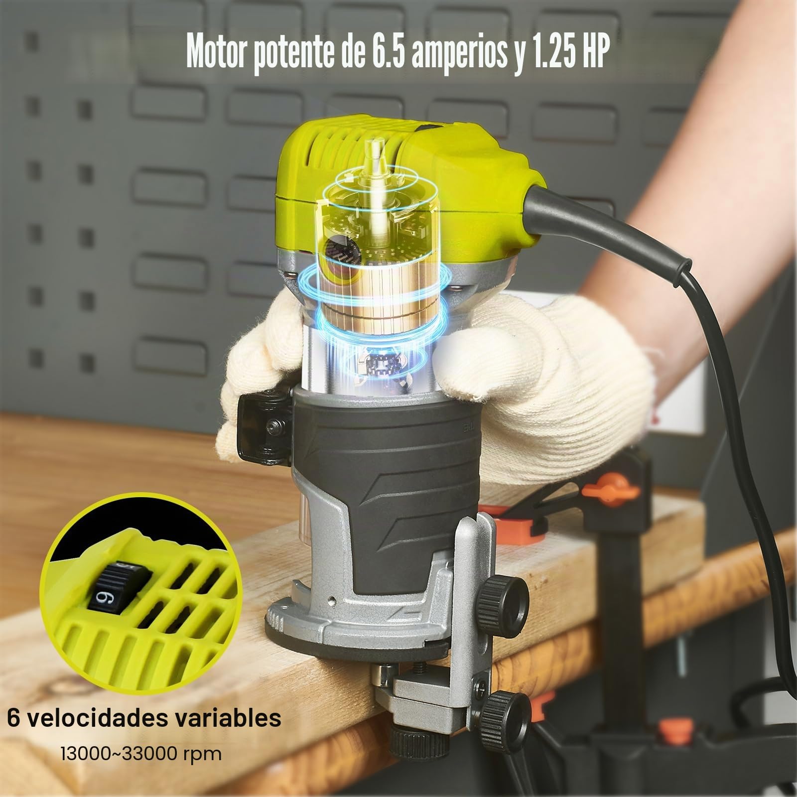 Dewinner Fresadora de Madera Rebajadora Eléctrica 710W 13000-33000RPM, Grabado Fresa Para Biselar,3 Alicates de 1/4'' , 6 mm y 8 mm, 6 Velocidades Variables, Profesión de Laminadora Fresa con Rodam
