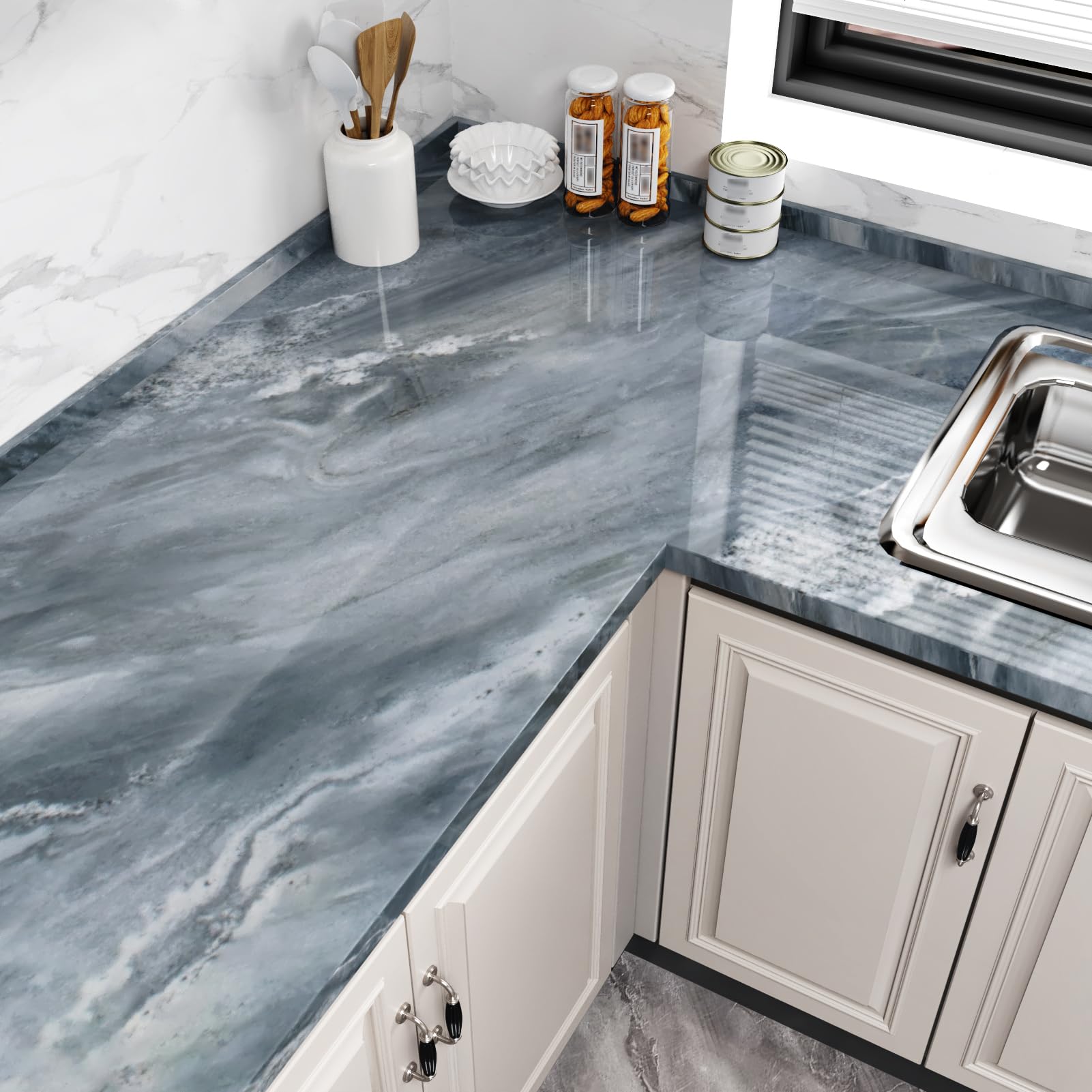 Wallercity Glossy Blue/Gray Marble Contact Paper for Kitchen Countertops Granite Peel and Stick Marble Wallpaper Waterproof Self Adhesive Wallpapers