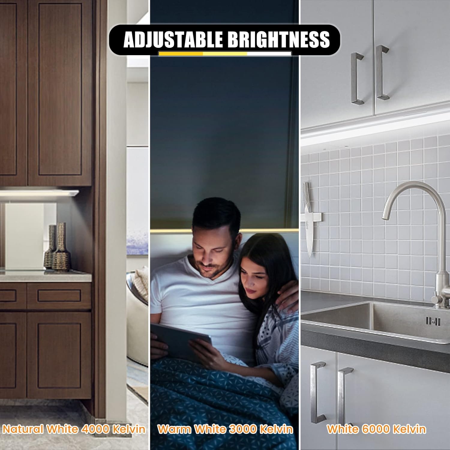 16inch Motion Sensor LED Under Cabinet Light, 3 Pack Rechargeable Magnetic Closet Light, 3 Color Temperatures Stepless Dimmable Wireless LED Lighting for Kitchen Cabinet Wardrobe Stairs Hallway