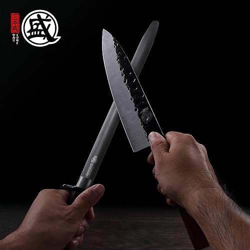 Miniatura 9 de MITSUMOTO SAKARI Varilla de afilar cuchillos japonesa de 10 pulgadas, afilador de cuchillos de cocina profesional, acero plano japonés de alto