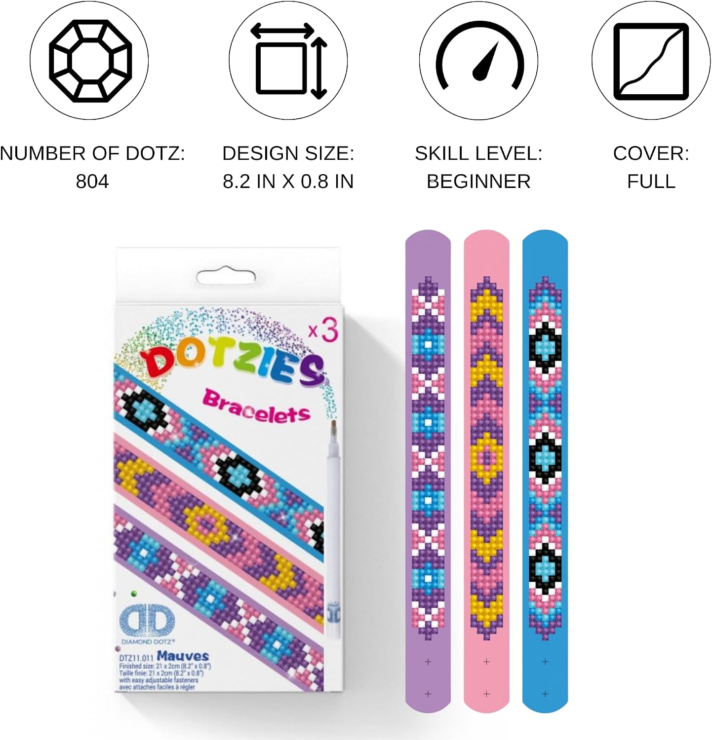 DIAMOND DOTZ Dotzies Bracelets Mauves - Painting Kit for Adults and Kids with 3 Colorful Designs, Full Coverage Diamond Art for Beginners, Fun DIY Craft Activity
