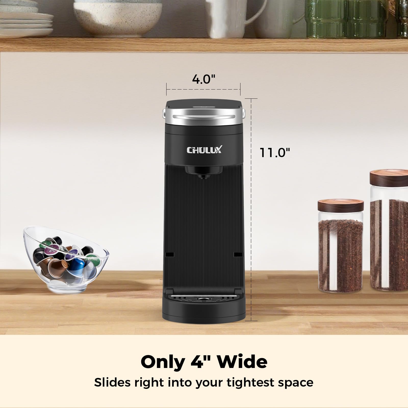 CHULUX Slim Single Serve Coffee Maker for K Cup Pod, Compact Portable Coffee Machine for Dorm, RV, Office and Travel, Matte Black — view 5