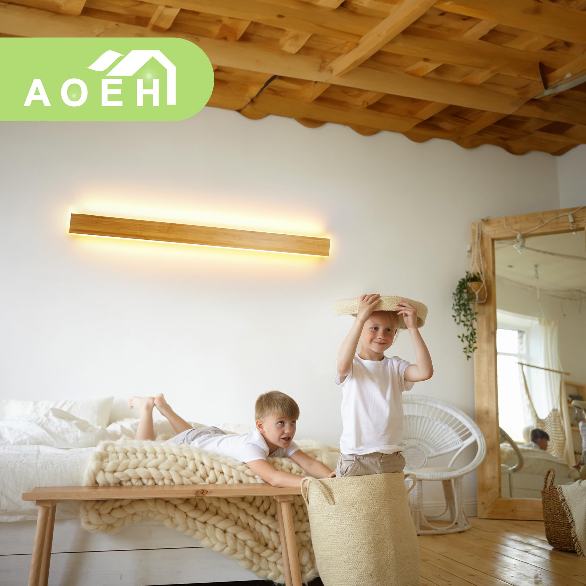 AOEH Lampada Da Parete Interno Led Applique Da Parete In Legno Lampade Da Muro Lunga In Bambù Luci Da Parete Legno 35w 3000k Moderno Lampada A Muro Per Camera Da Letto,Soggiorno,Corridoio,Scale,115cm