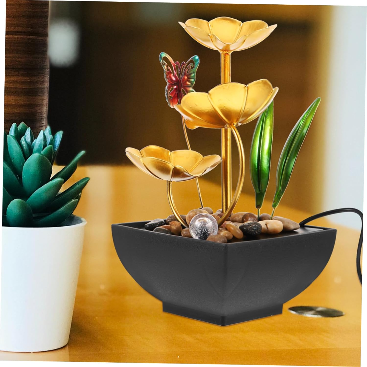 PRETYZOOM Iron Art Water Feature Fountain Solar Mini Waterfall Indoor Tabletop Decoration Relaxation Home Office Decor