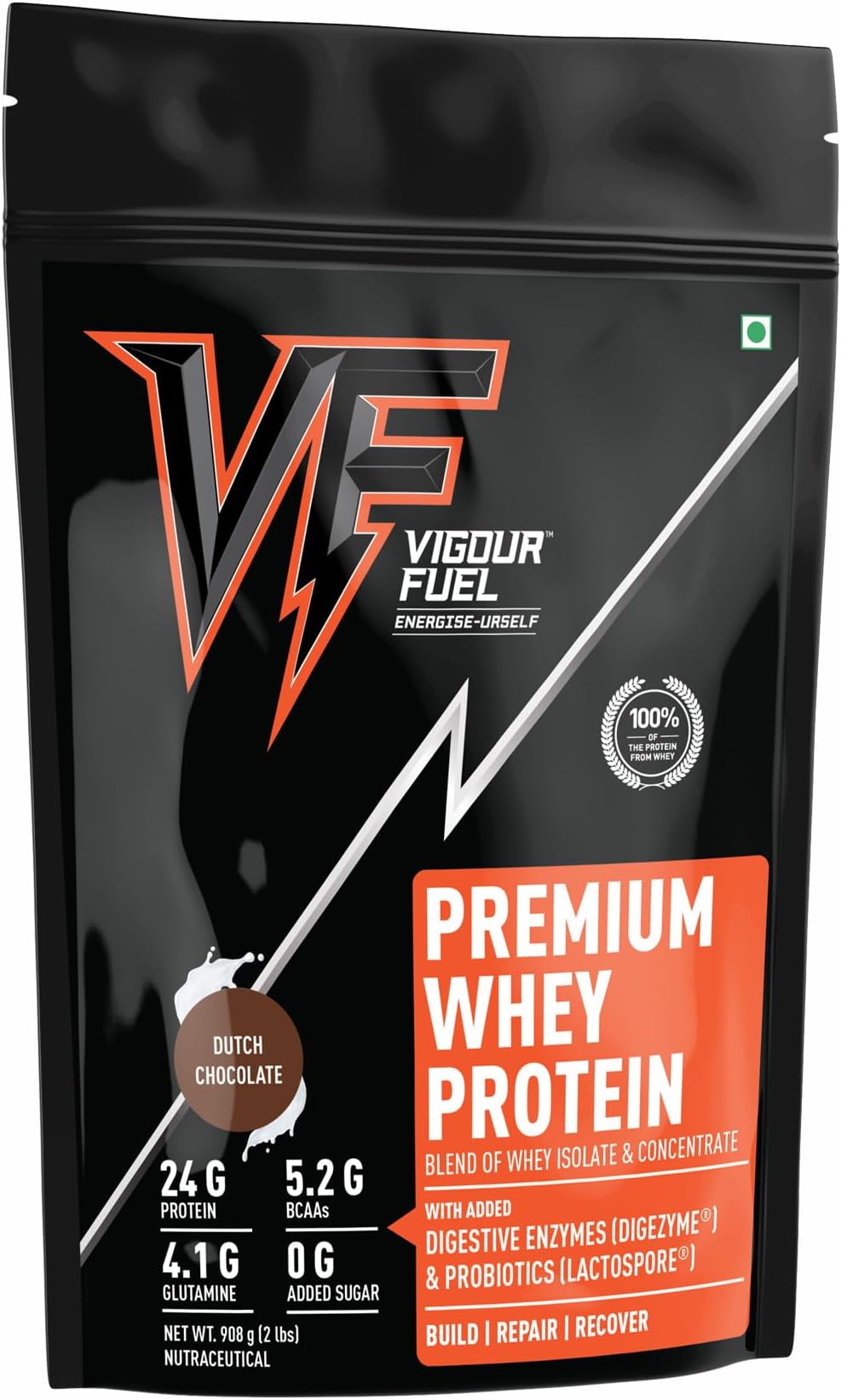 Vigour Fuel (VF, Vigourfuel) Premium Whey Protein Blend of Isolate & Concentrate Powder with Digezyme (Digestive Enzymes) and Lactospore (Probiotics) (Dutch Chocolate, 2 lbs (908 g))