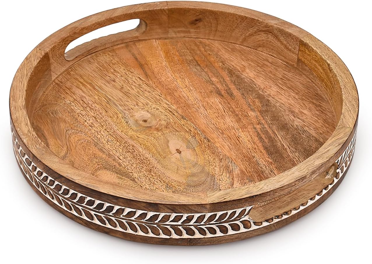 Kaizen Casa Platter Mango Wood Round Wood Decorative Platter Vintage Centerpiece with Handles for Serving Beverages & Food (12" x 12" x 1.6")
