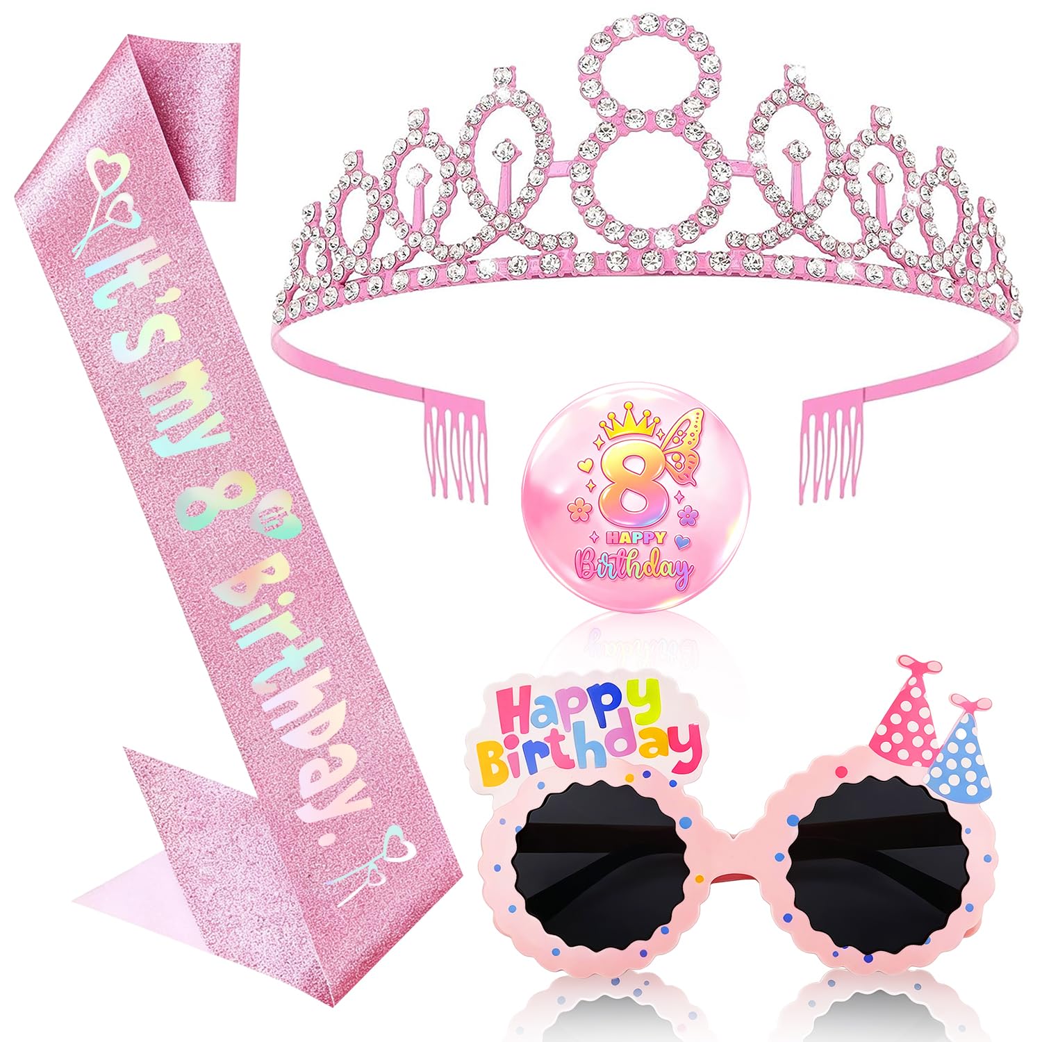 OLOSONG 8th Birthday Party Accessories Set - 4 Pcs Glitter Sash and Crown Kit with & Badge, Happy Birthday Sunglasses, 8th Birthday Decorations Gifts