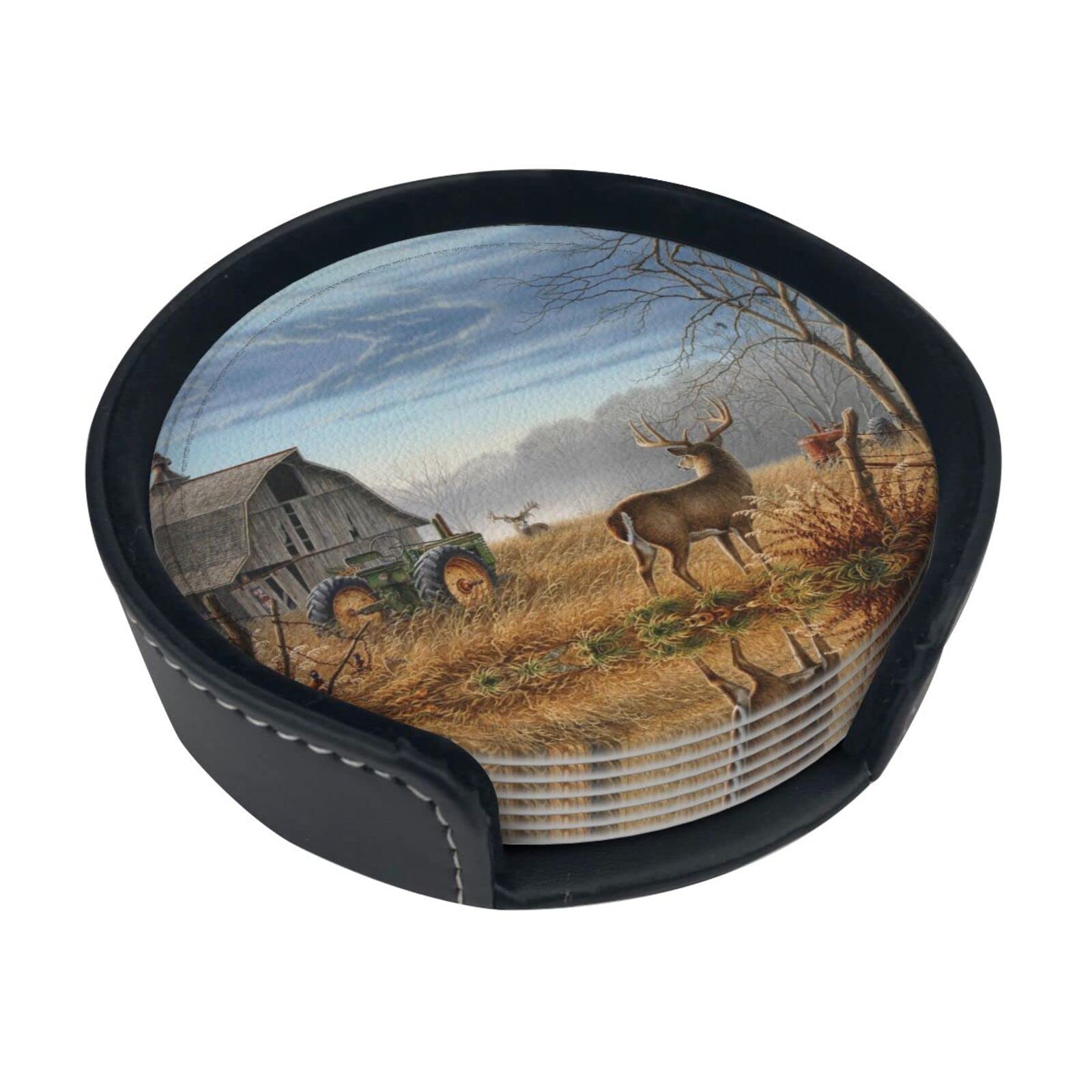 Coasters Set Of 6 Deer Hunting Print Leather Coasters For Drinks,Home Décor And Housewarming Gift