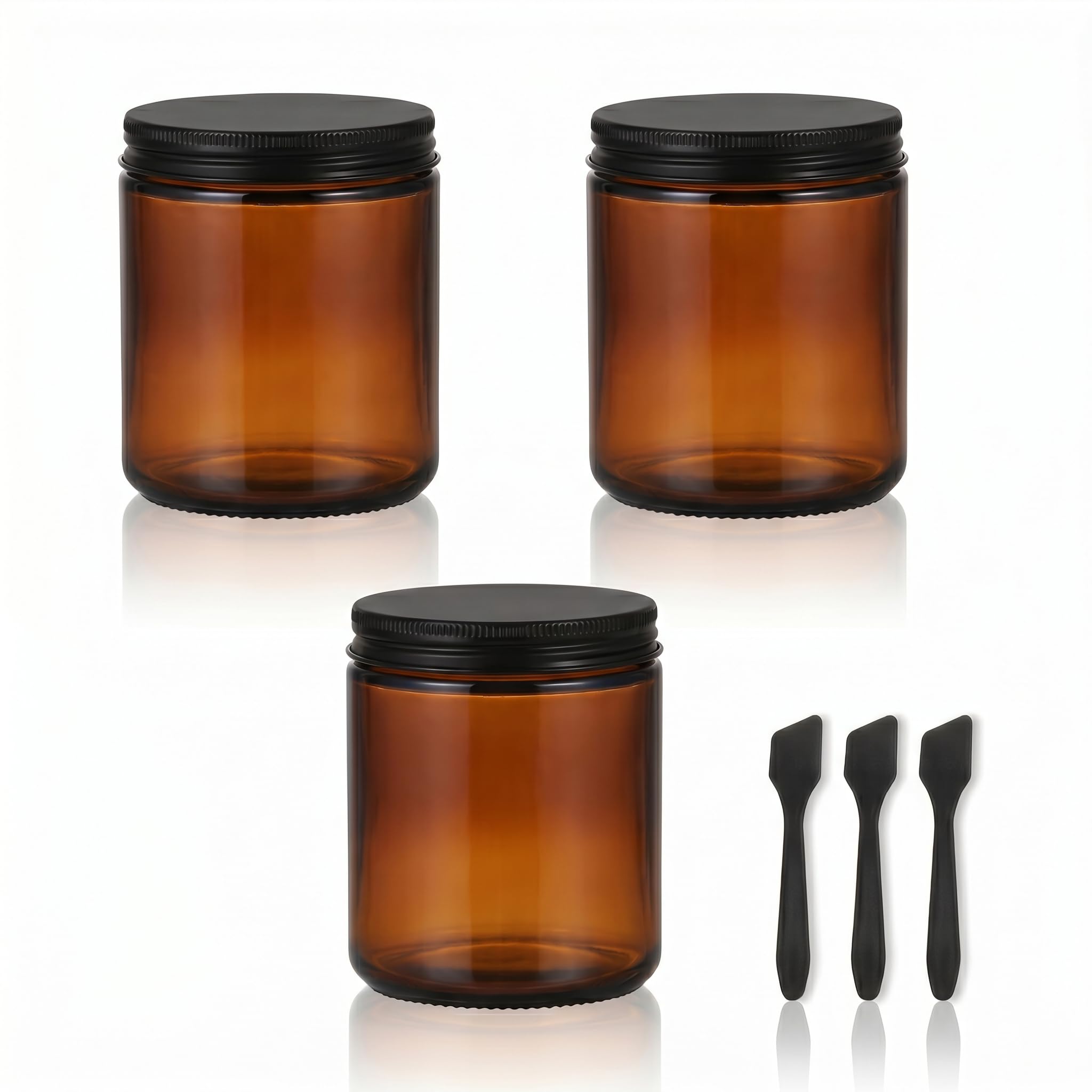 OverNews 3Pack Metal Lids-8oz Amber Glass Jars with Spatula, Labels, Empty Candle Jars for Cosmetic, Containers, Creams,Lotions, Spices