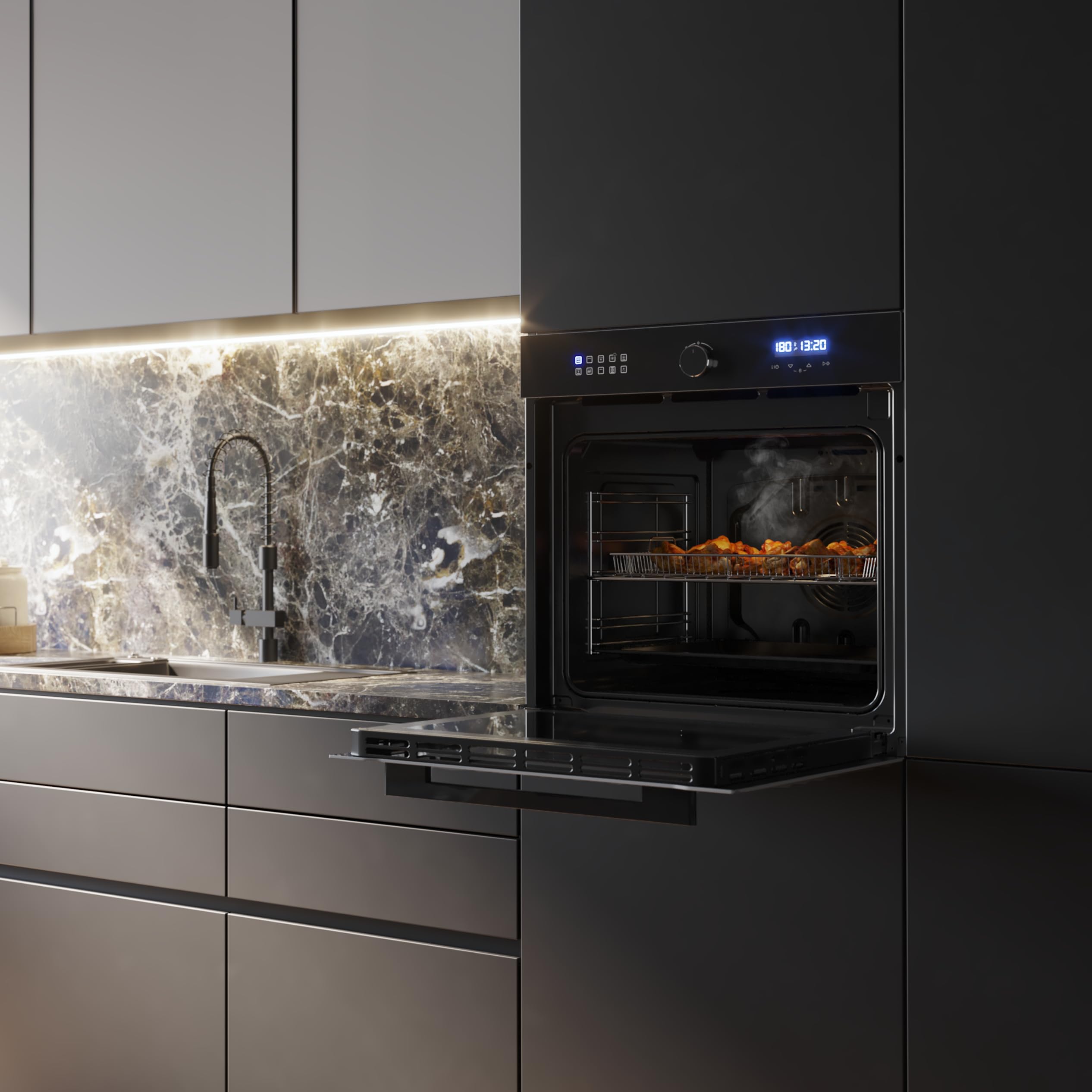 Cecotec Horno Integrable Multifunción 60cm Bolero Hexa AF316000 Glass Black A 3400W, 81L Capacidad, 11 Funciones con Airfryer Master, Pizza Master, Steam Asisst, Steam EasyClean, 3D Cooking, Defrost