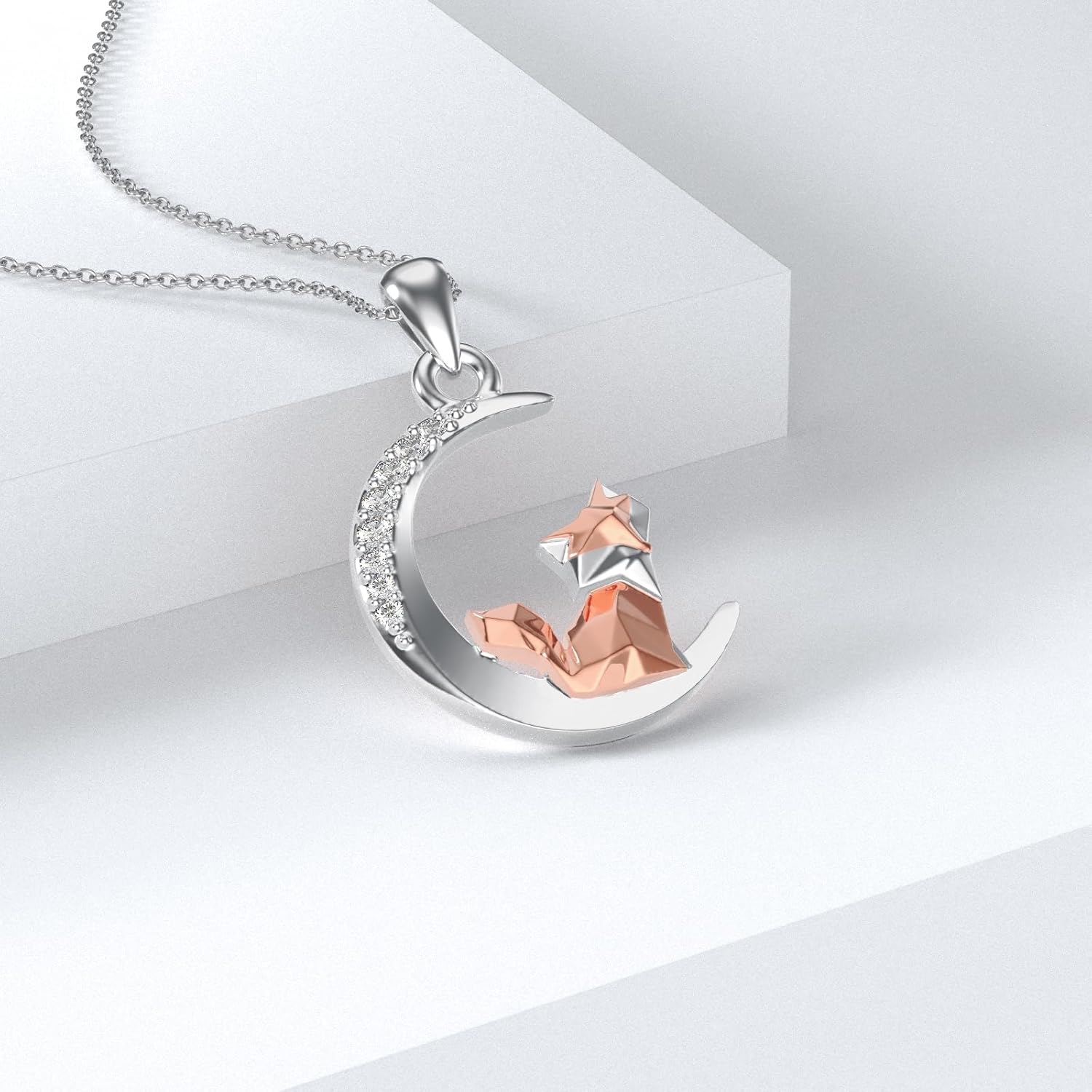 Diamond Moon and Origami Fox Pendant Necklace for Women 925 Sterling Silver Lab Grown Diamond Jewelry Gifts 0.1 cttw D Color VVS - Image 3